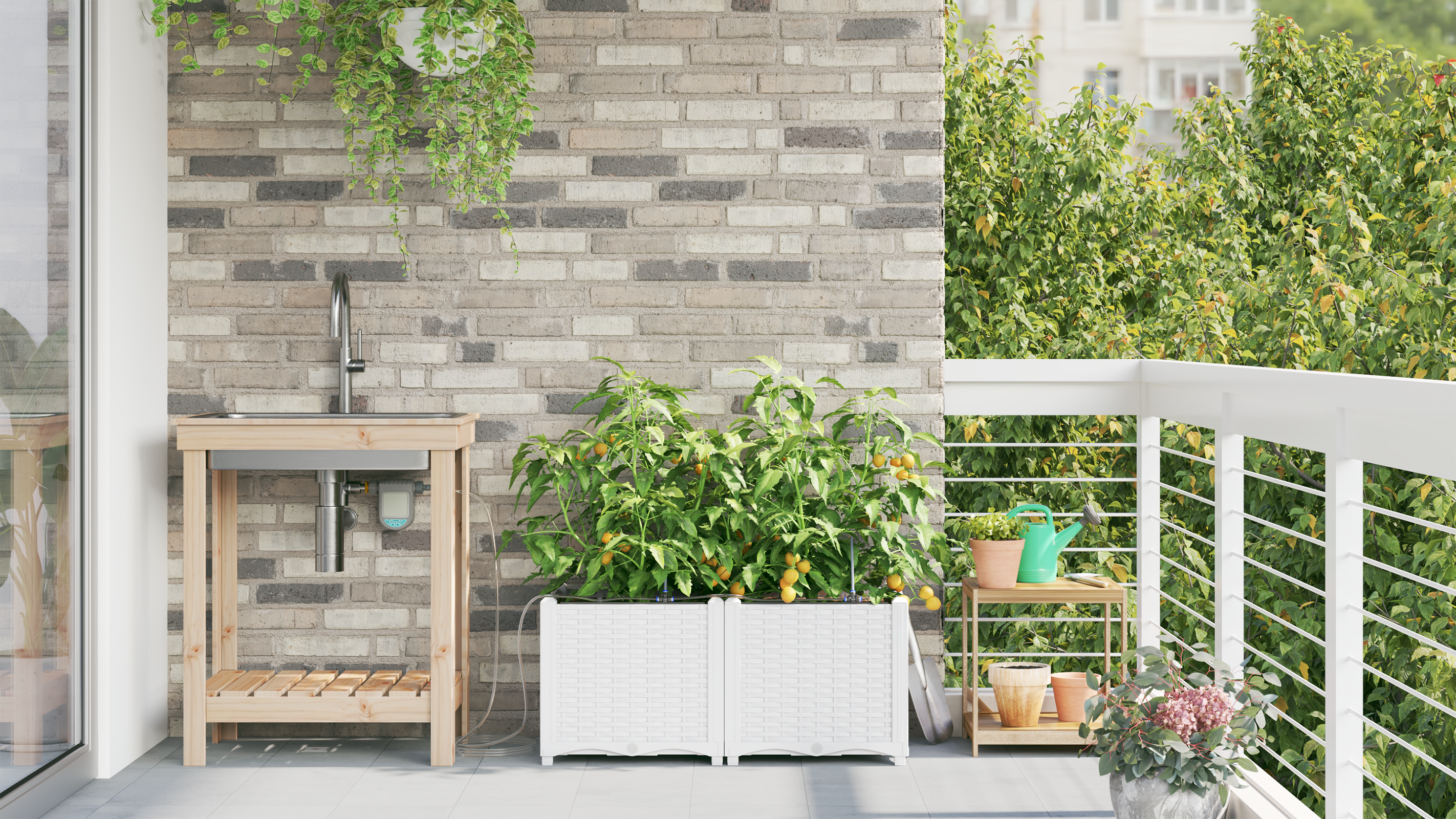 Garden Planters with Water Irrigation System 2 pcs White - Image 4