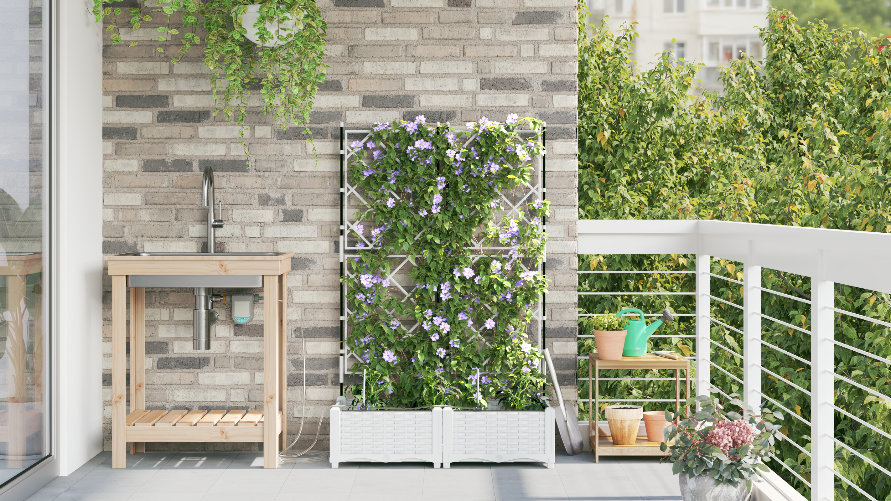 Garden Planters with Water Irrigation System 2 pcs White - Image 4