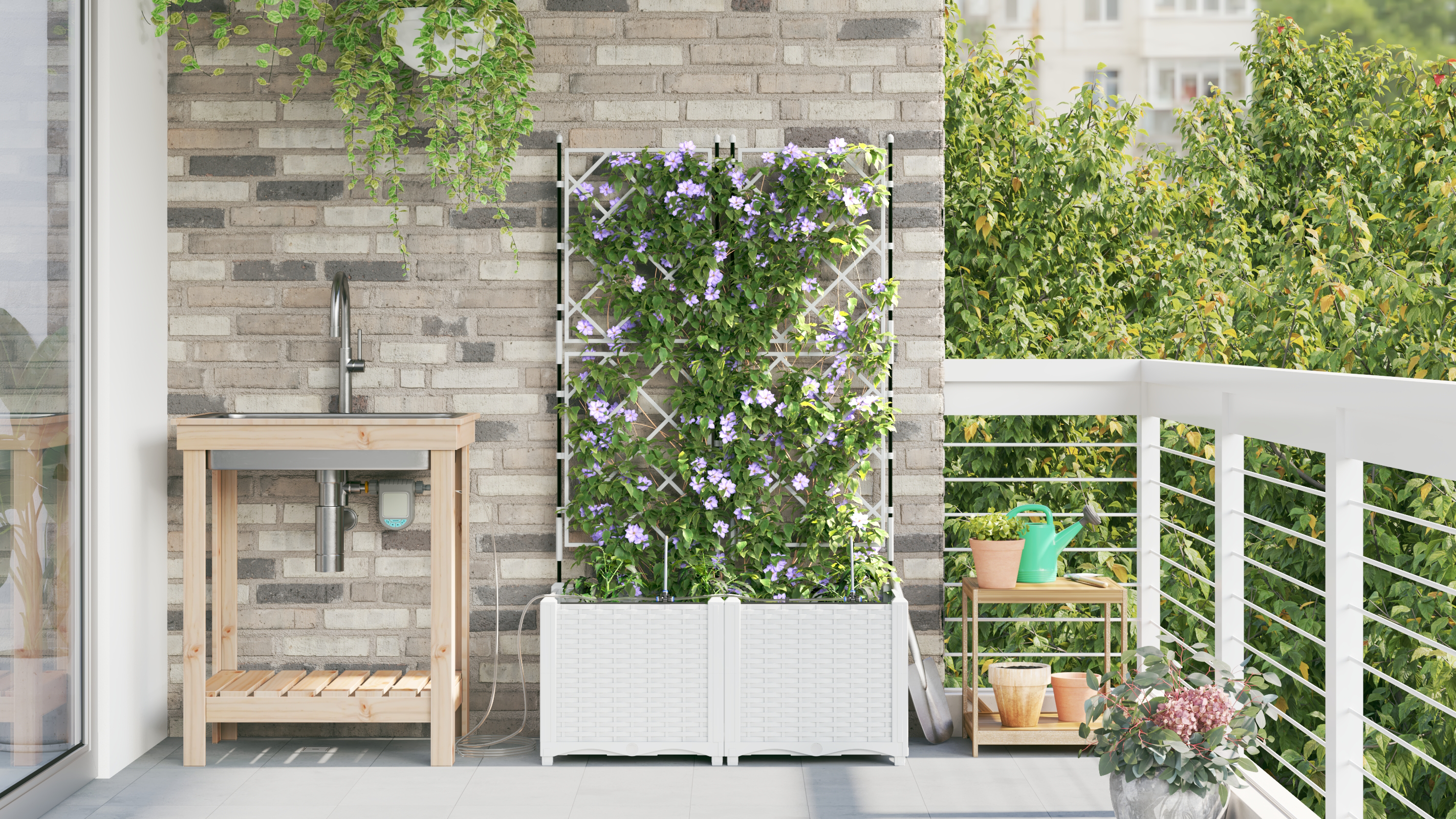 Garden Planters with Water Irrigation System 2 pcs White - Image 4