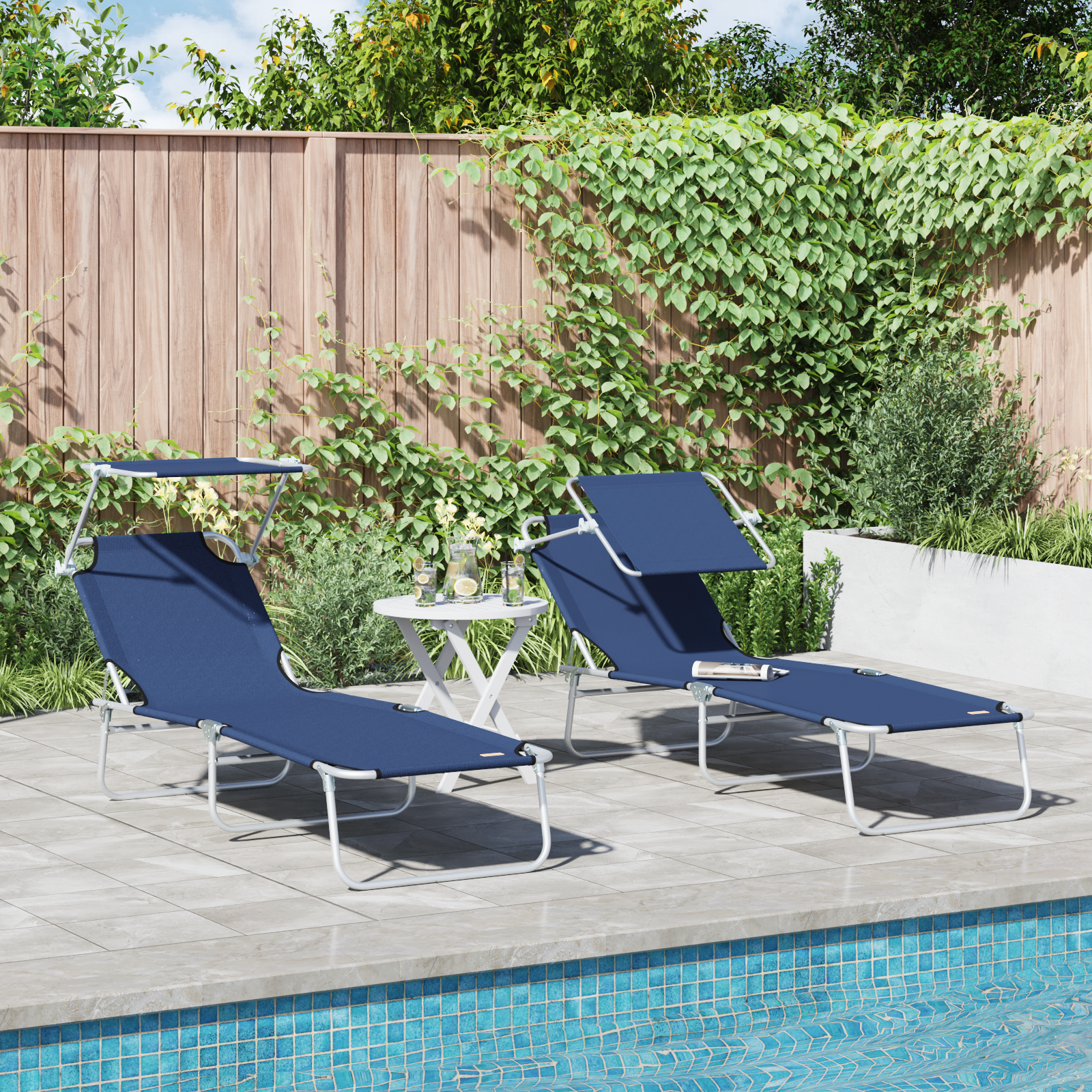 Folding Sun Loungers 2 pcs with Canopy Blue 600D Oxford Fabric