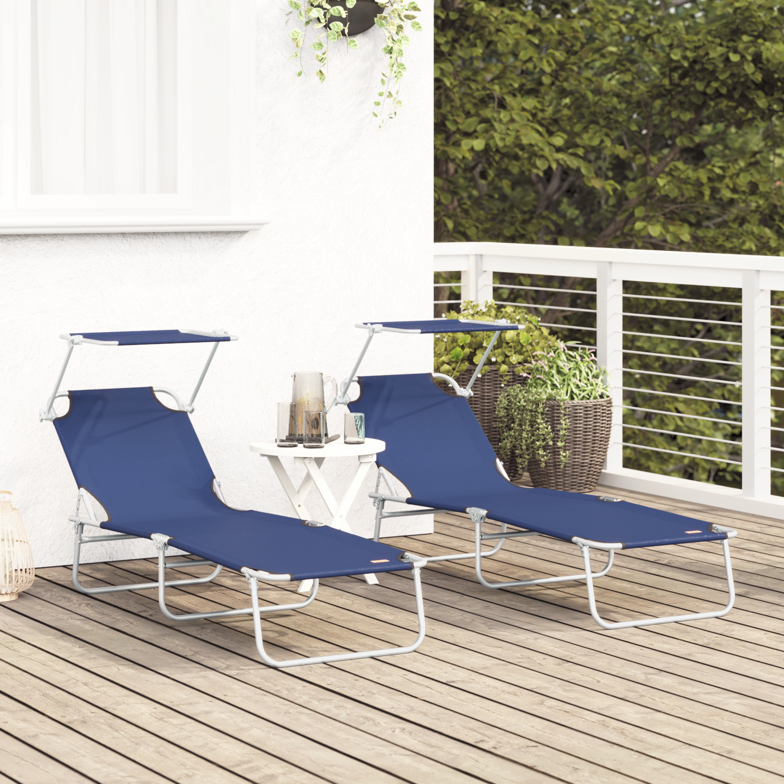Folding Sun Loungers 2 pcs with Canopy Blue 600D Oxford Fabric - Image 3