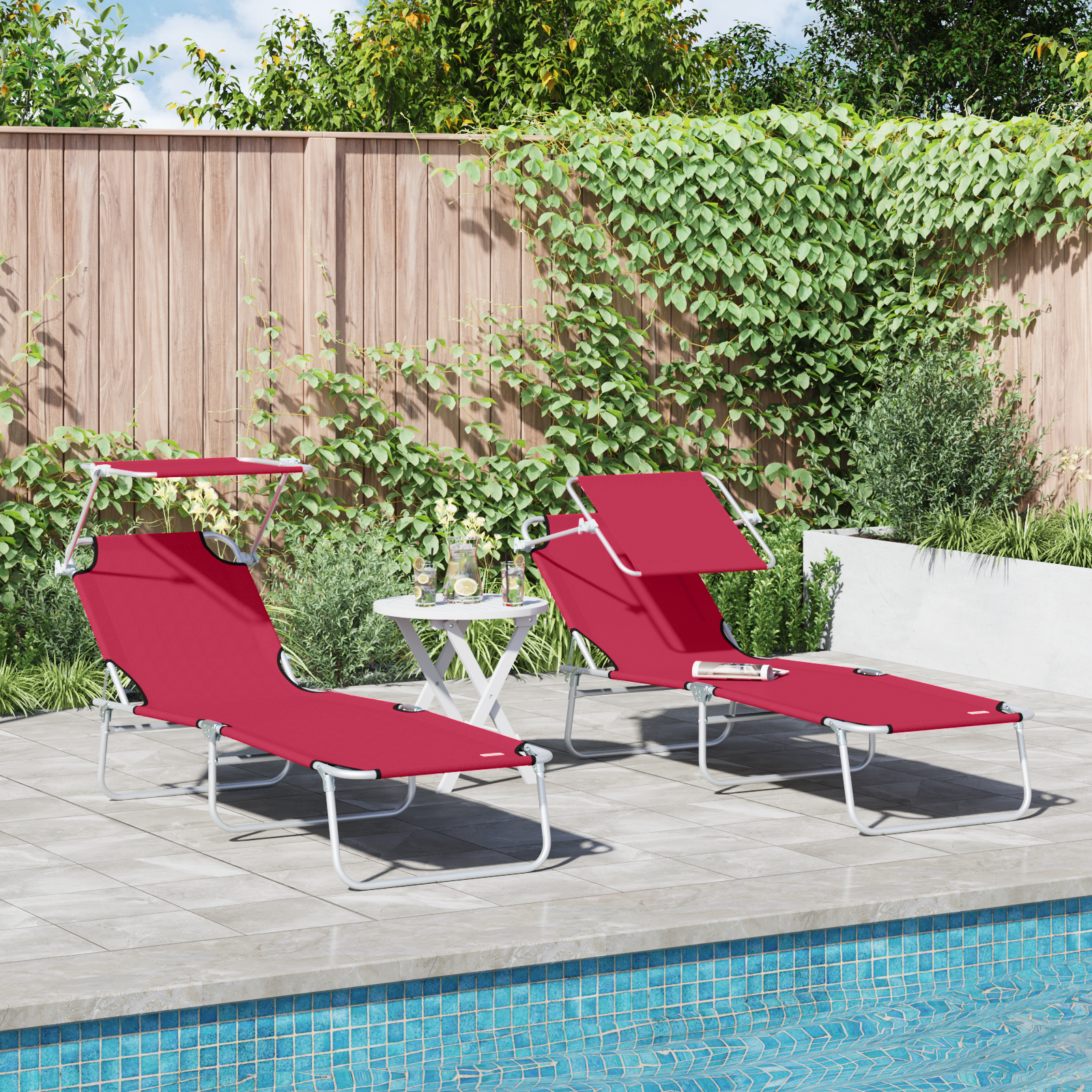 Folding Sun Loungers 2 pcs with Canopy Red 600D Oxford Fabric
