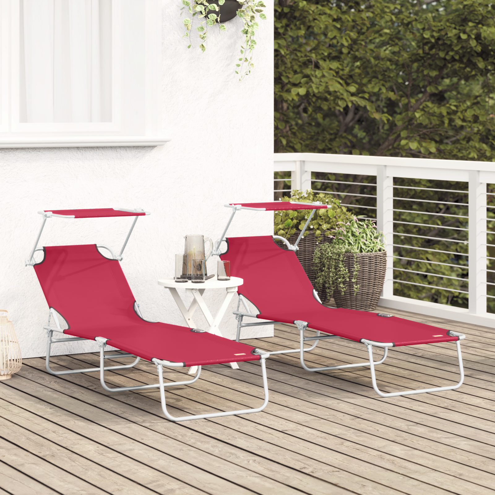 Folding Sun Loungers 2 pcs with Canopy Red 600D Oxford Fabric - Image 3