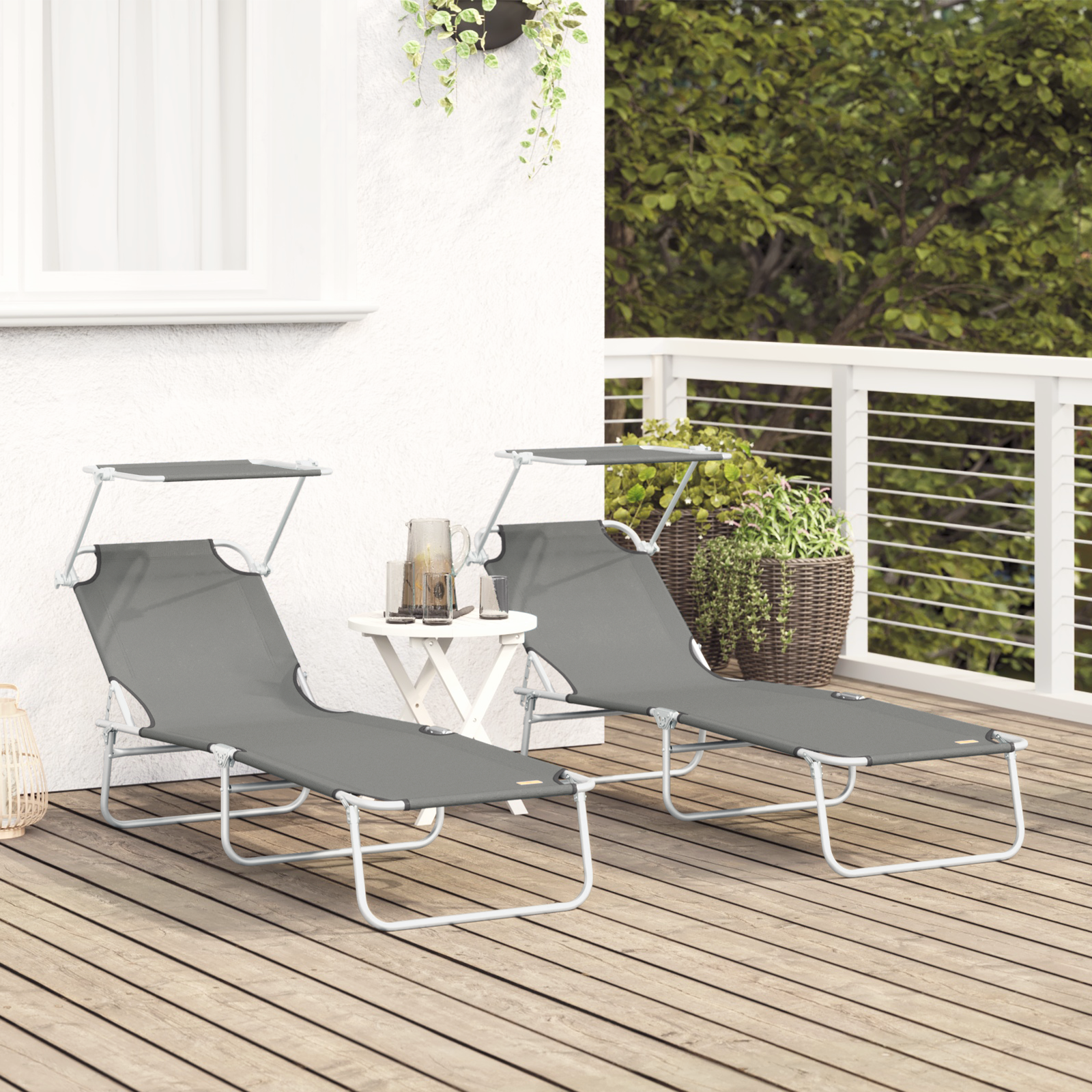 Folding Sun Loungers 2 pcs with Canopy Grey 600D Oxford Fabric - Image 3
