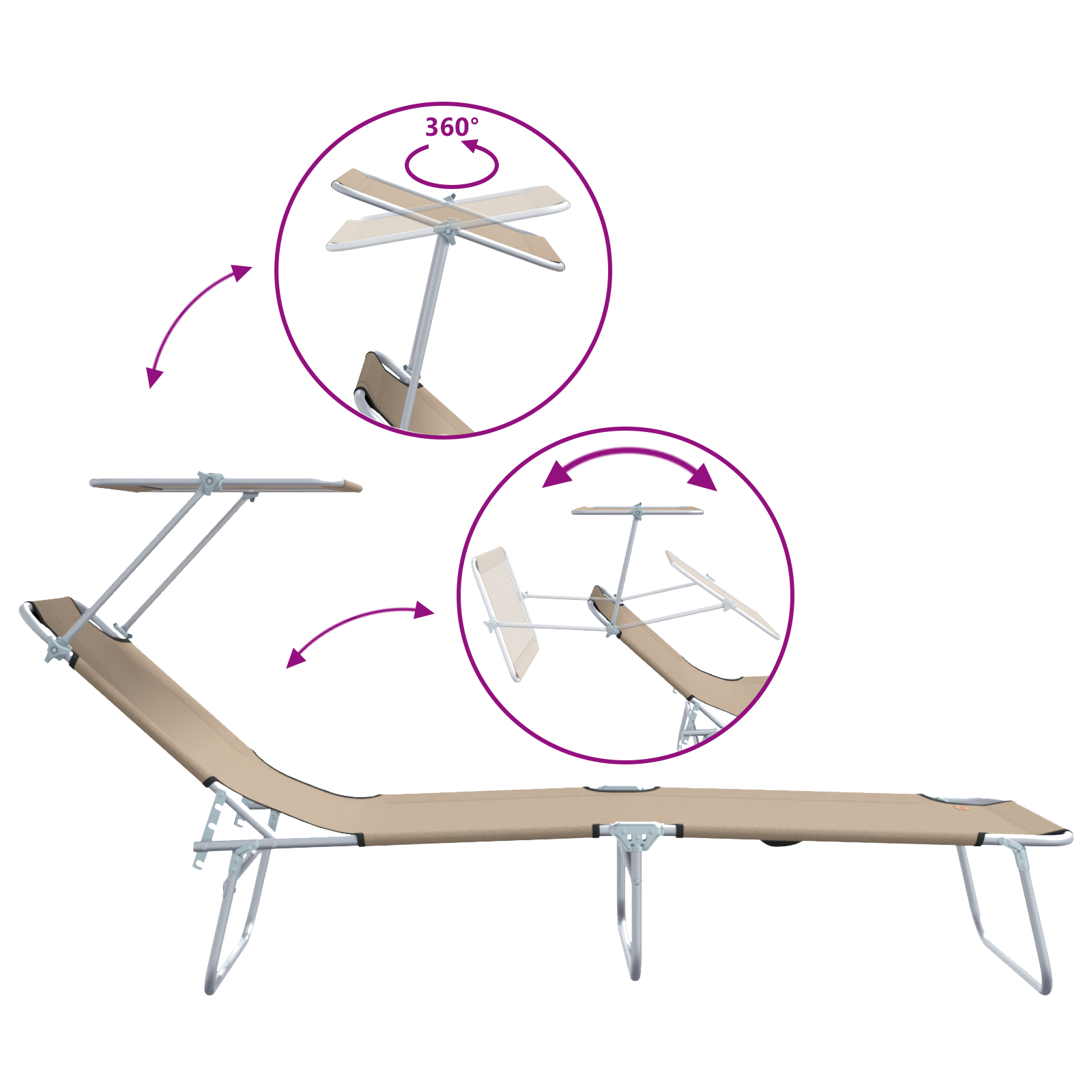 Folding Sun Loungers 2 pcs with Canopy Taupe 600D Oxford Fabric - Image 9