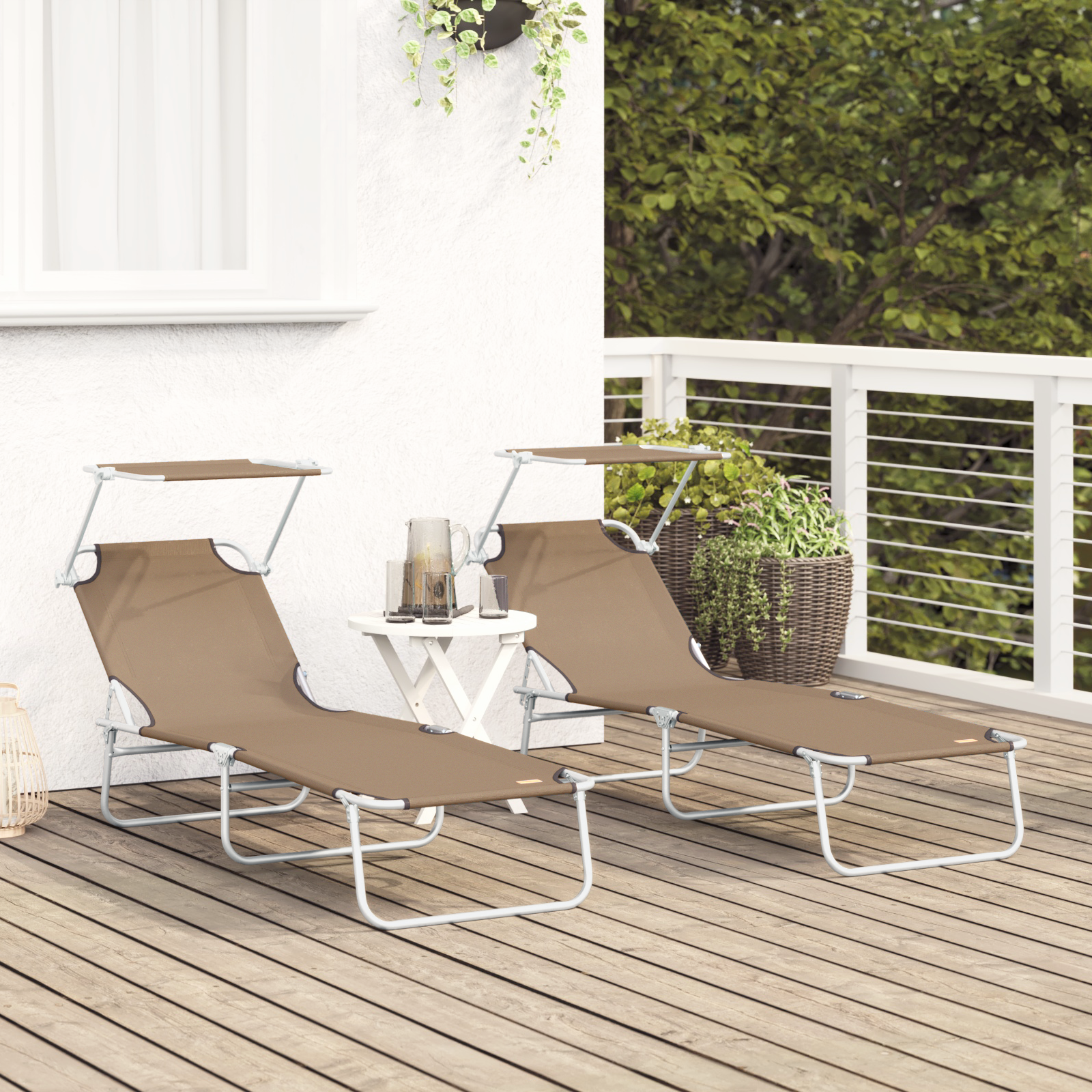 Folding Sun Loungers 2 pcs with Canopy Taupe 600D Oxford Fabric - Image 3