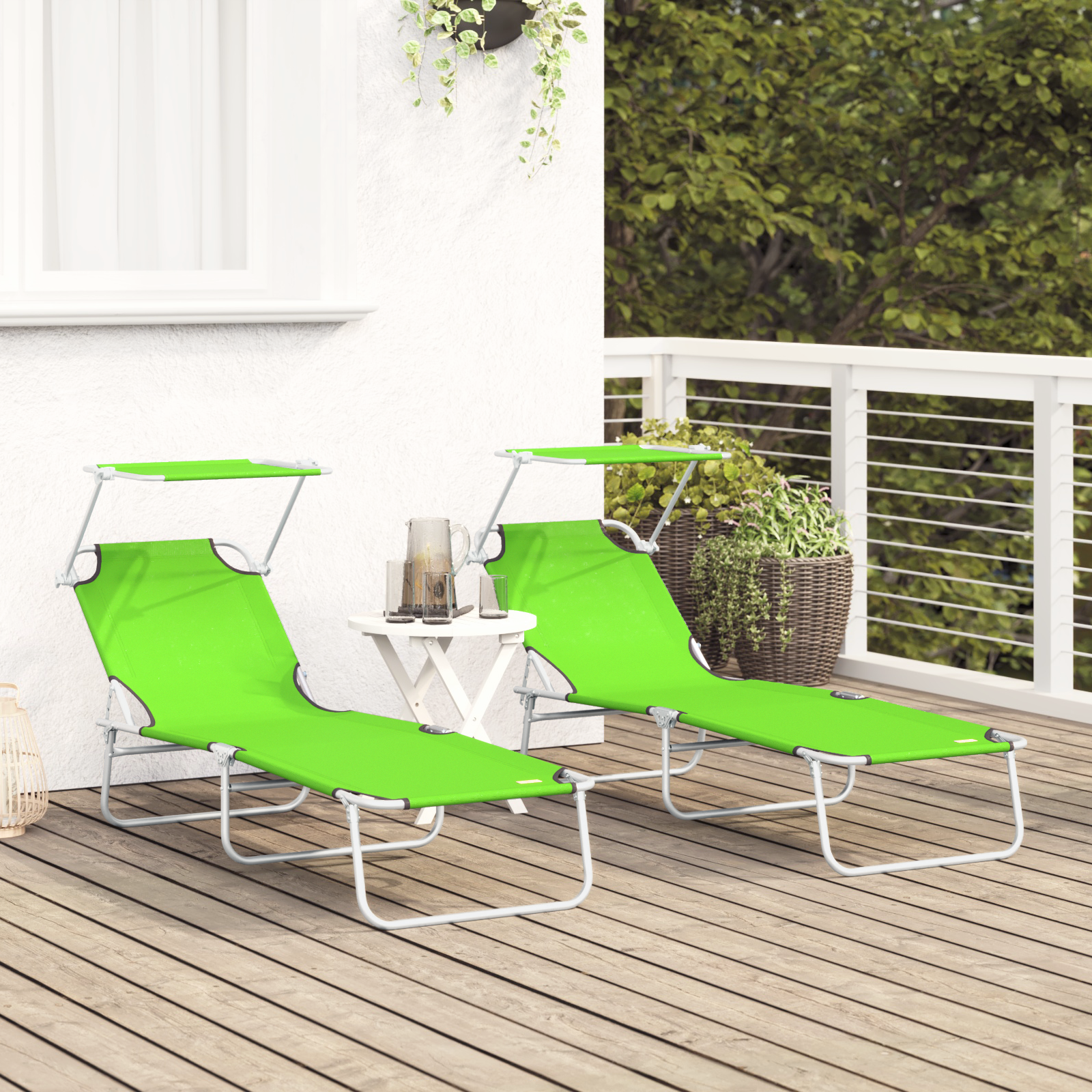 Folding Sun Loungers 2 pcs with Canopy Green 600D Oxford Fabric - Image 3
