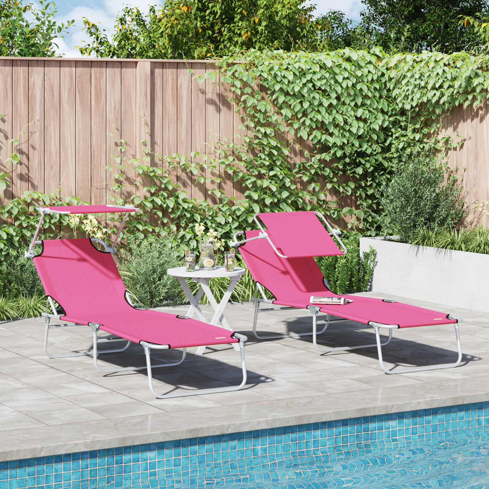 Folding Sun Loungers 2 pcs with Canopy Pink 600D Oxford Fabric