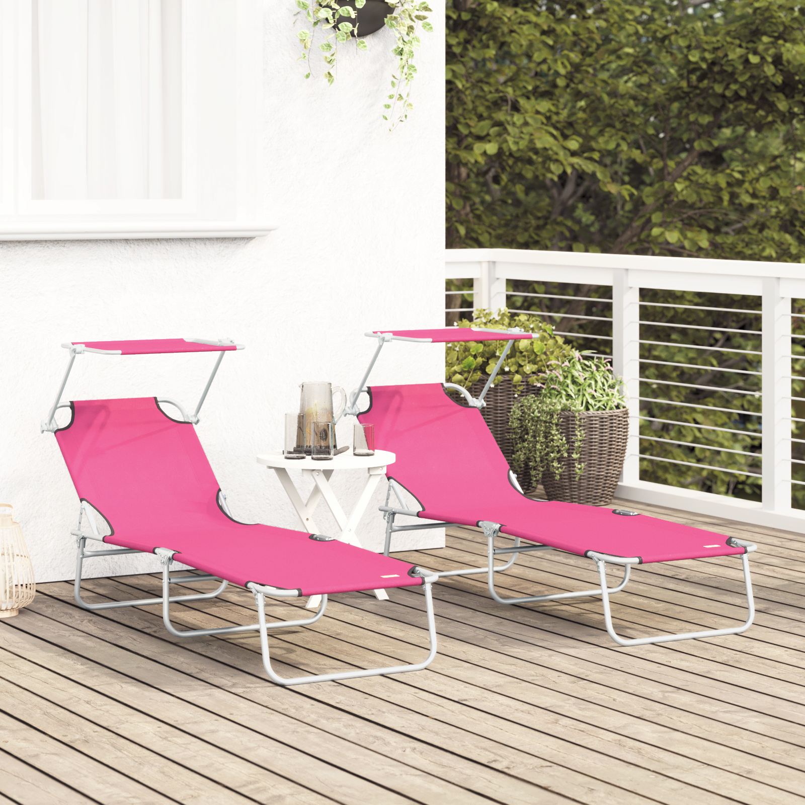 Folding Sun Loungers 2 pcs with Canopy Pink 600D Oxford Fabric - Image 3