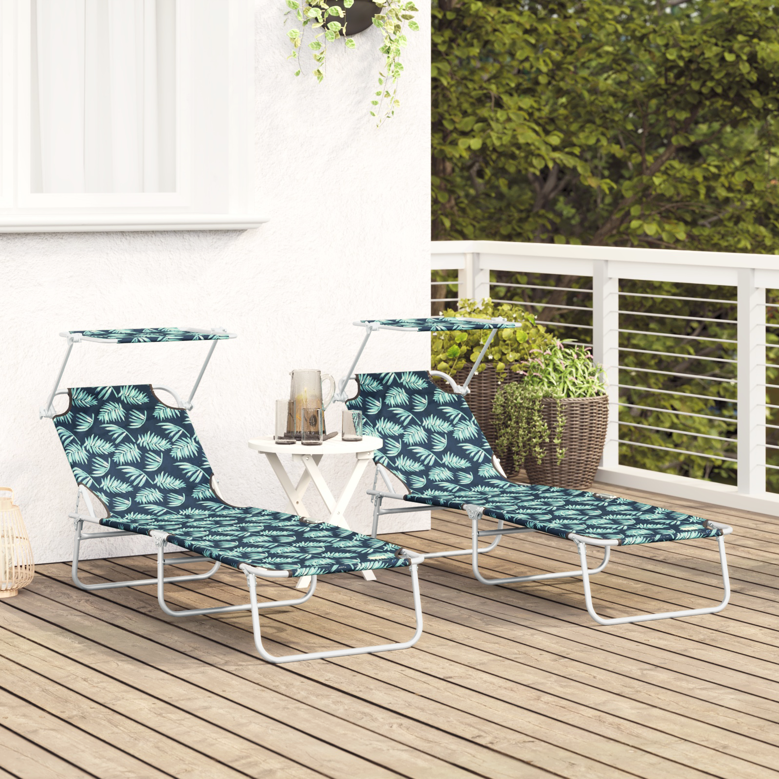 Folding Sun Loungers 2 pcs with Canopy Leaf Pattern 600D Oxford Fabric - Image 3