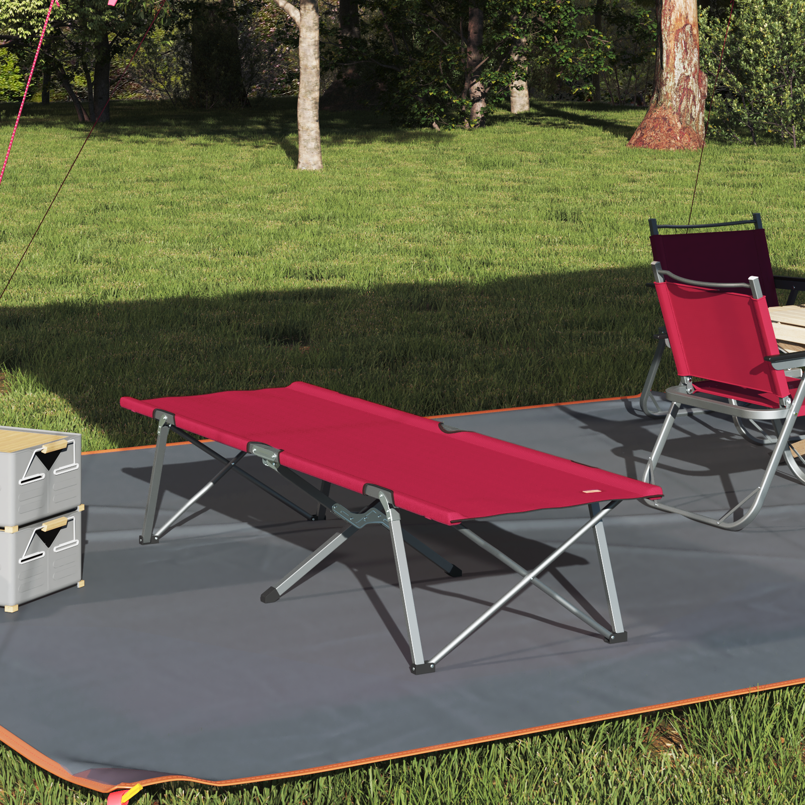 Folding Camping Bed Red Metal and Fabric Standard Foldable