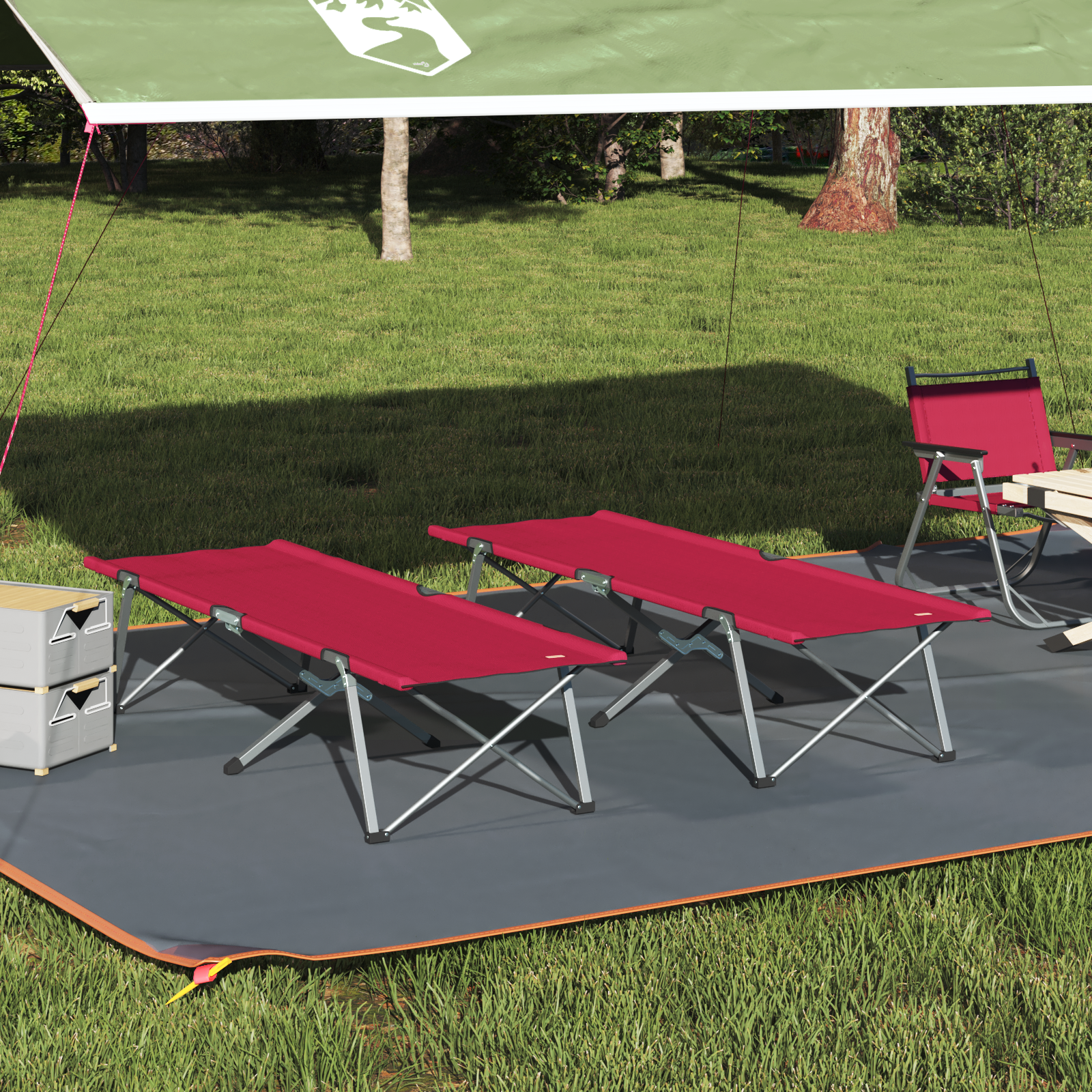 Folding Lounge Bed Red Metal, Fabric Standard Foldable