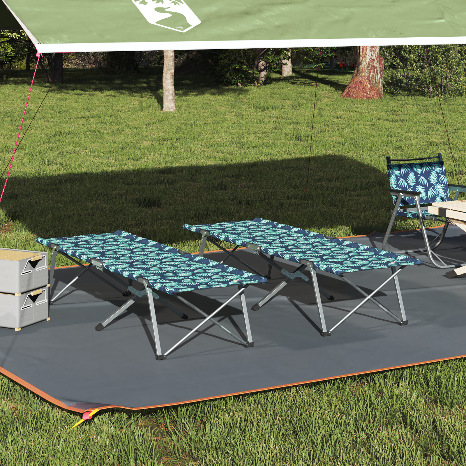 Folding Camping Beds 2 pcs with Carry Bag Leaf Pattern 600D Oxford Fabric