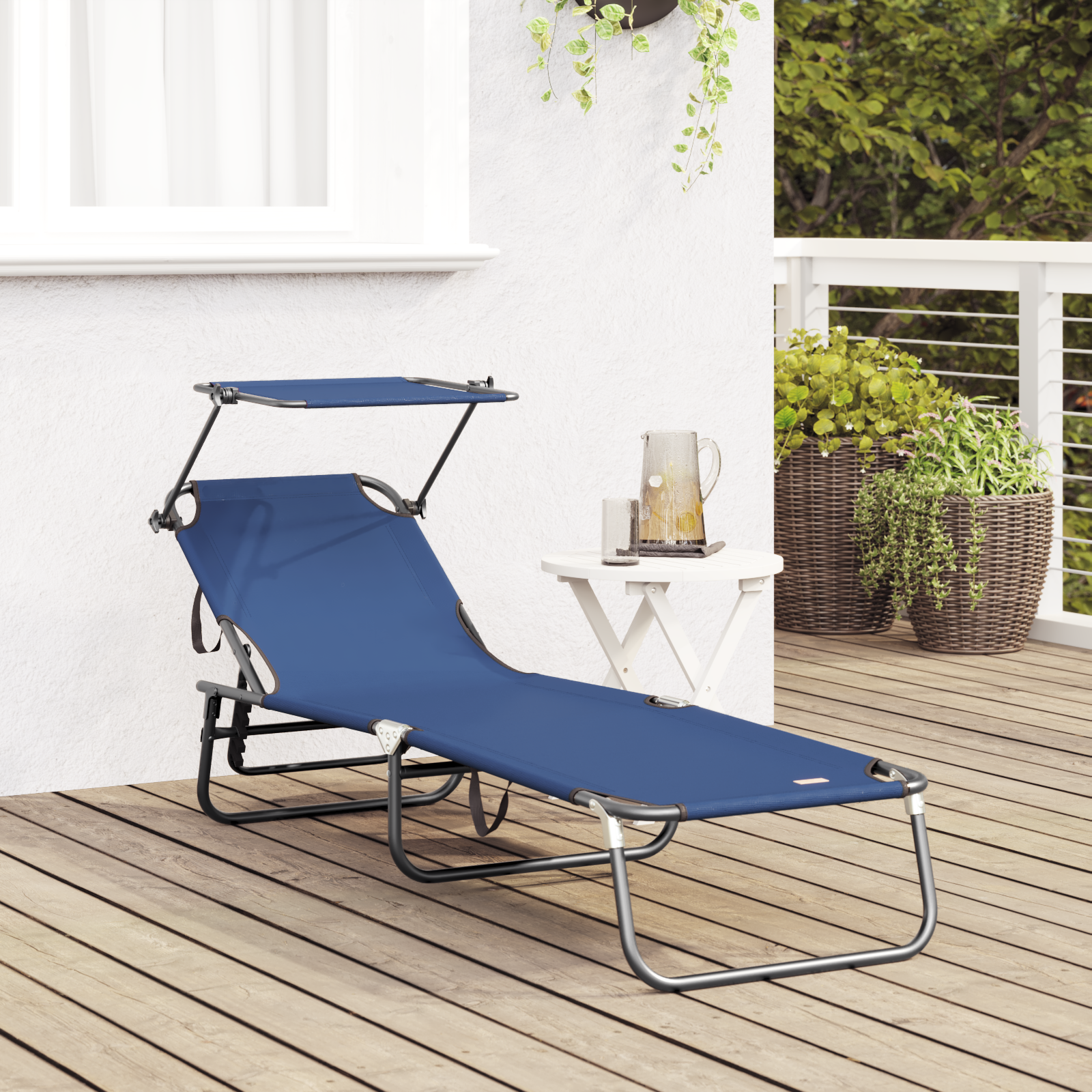 Folding Sun Lounger with Canopy Blue 600D Oxford Fabric - Image 3