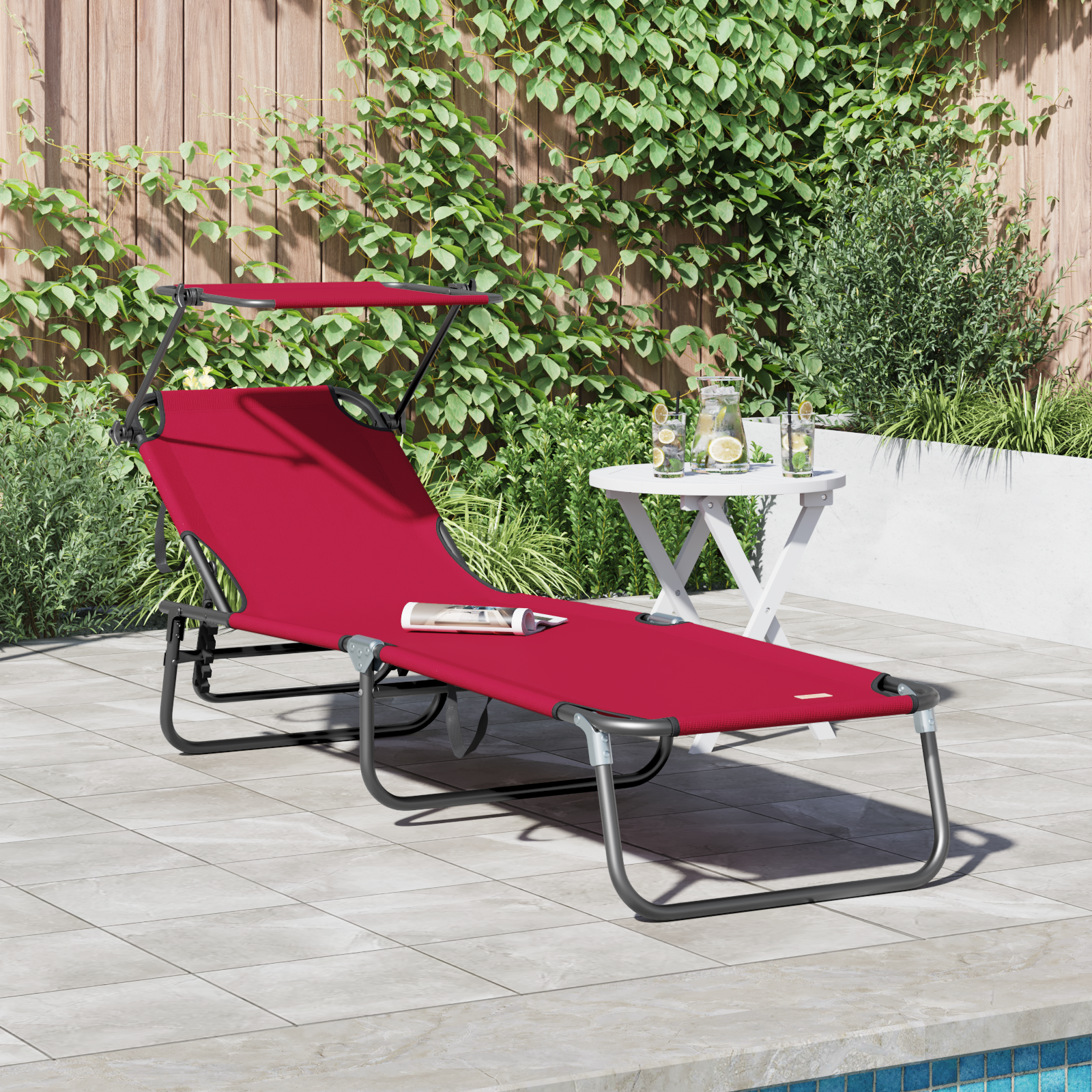 Folding Sun Lounger with Canopy Red 600D Oxford Fabric