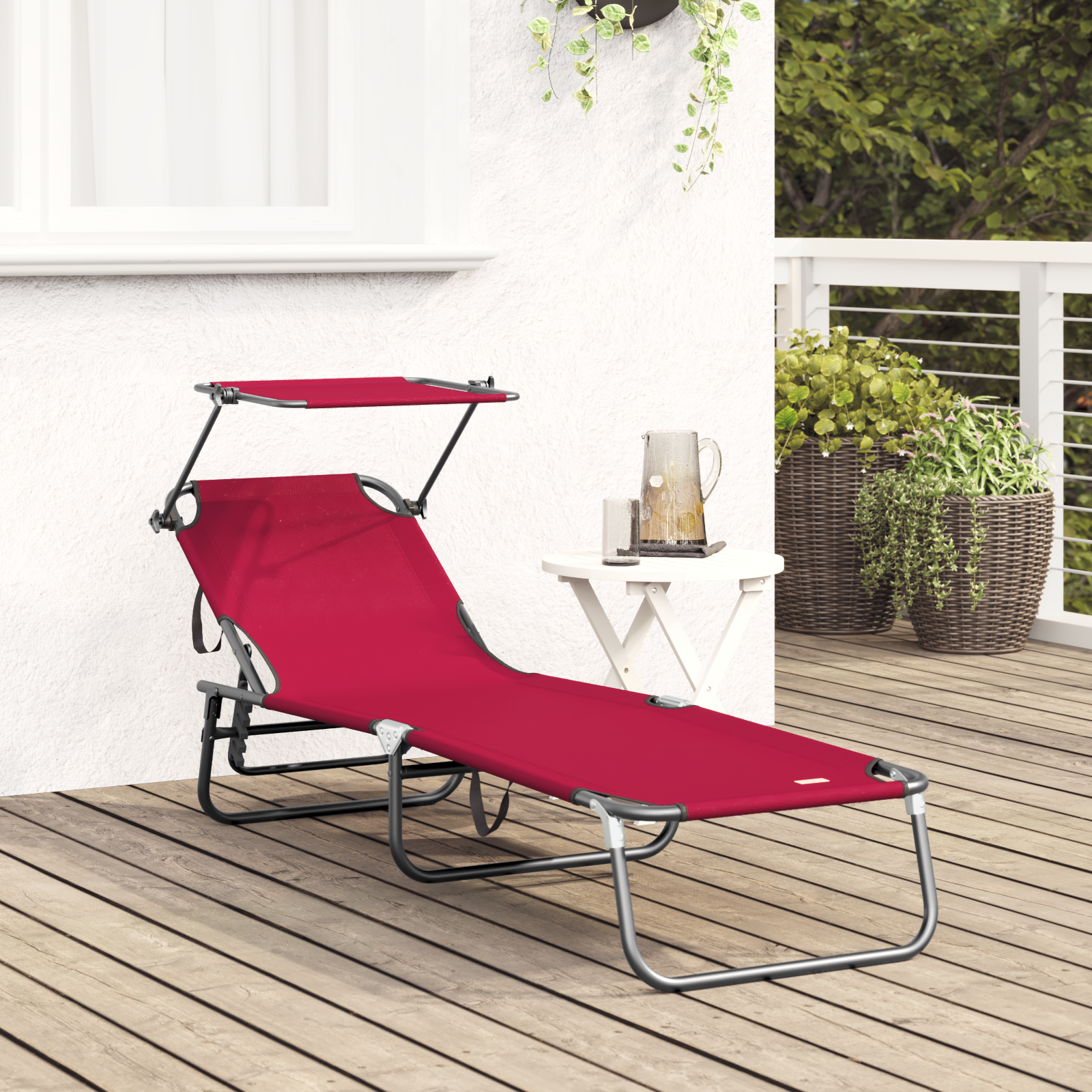 Folding Sun Lounger with Canopy Red 600D Oxford Fabric - Image 3