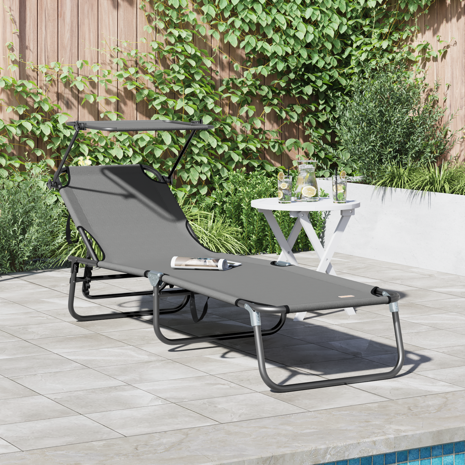 Folding Sun Lounger with Canopy Grey 600D Oxford Fabric