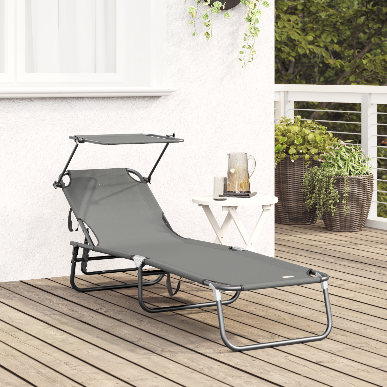 Folding Sun Lounger with Canopy Grey 600D Oxford Fabric - Image 3
