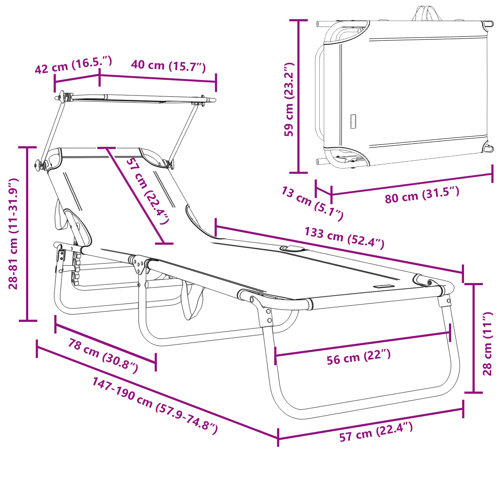 Folding Sun Lounger with Canopy Grey 600D Oxford Fabric - Image 11