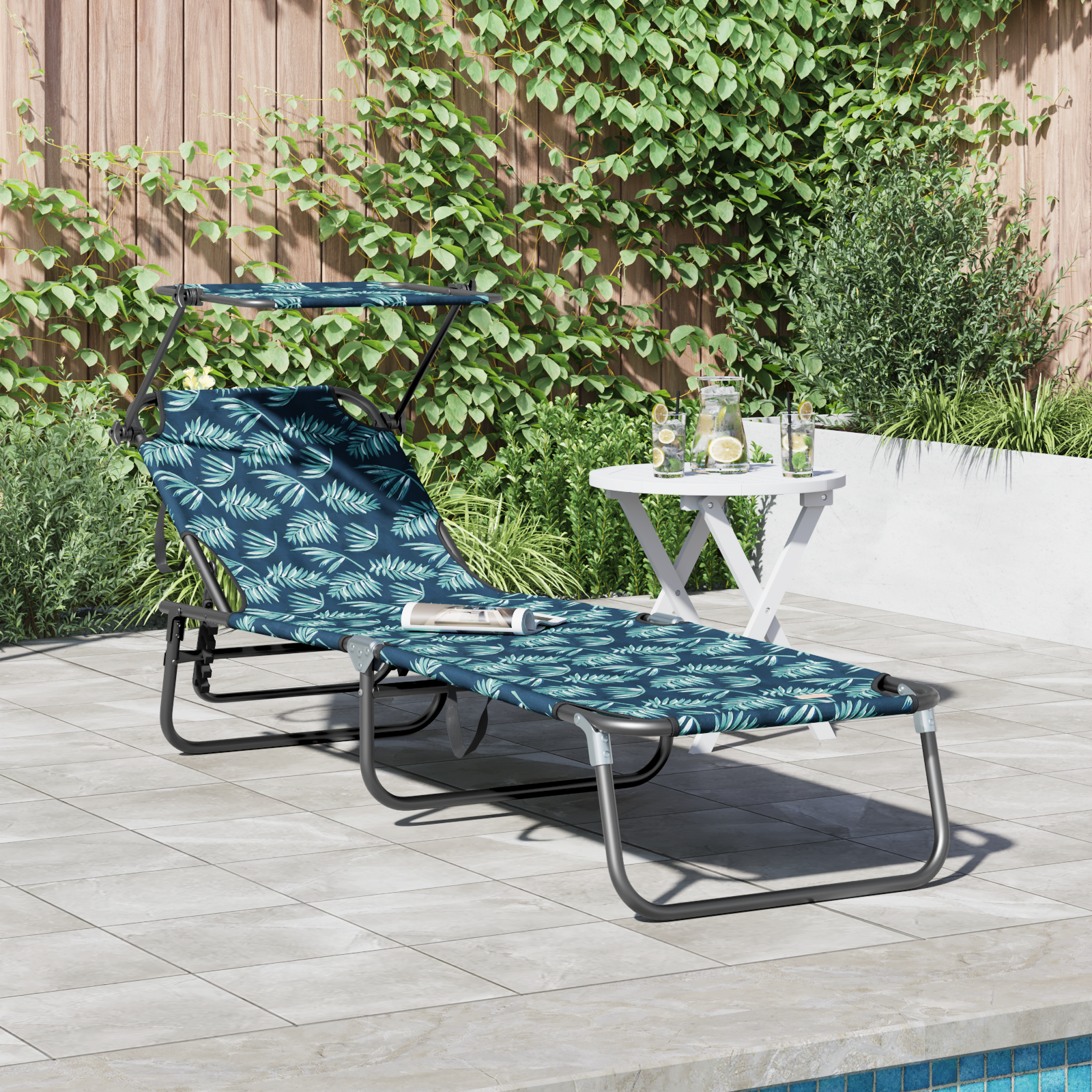 Folding Sun Lounger with Canopy Leaf Print 600D Oxford Fabric
