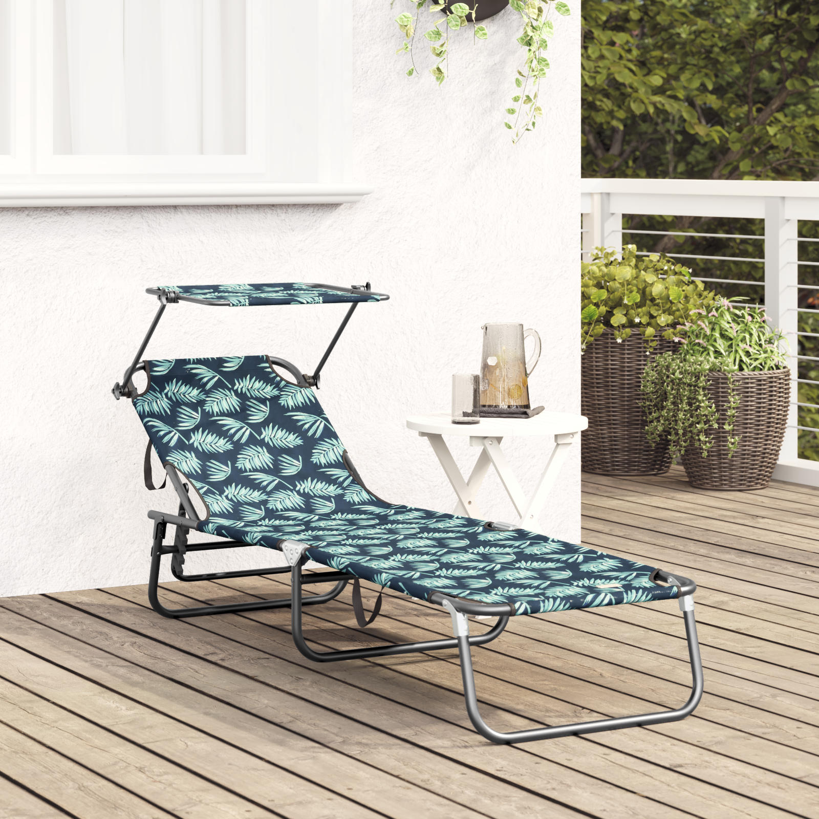 Folding Sun Lounger with Canopy Leaf Print 600D Oxford Fabric - Image 3