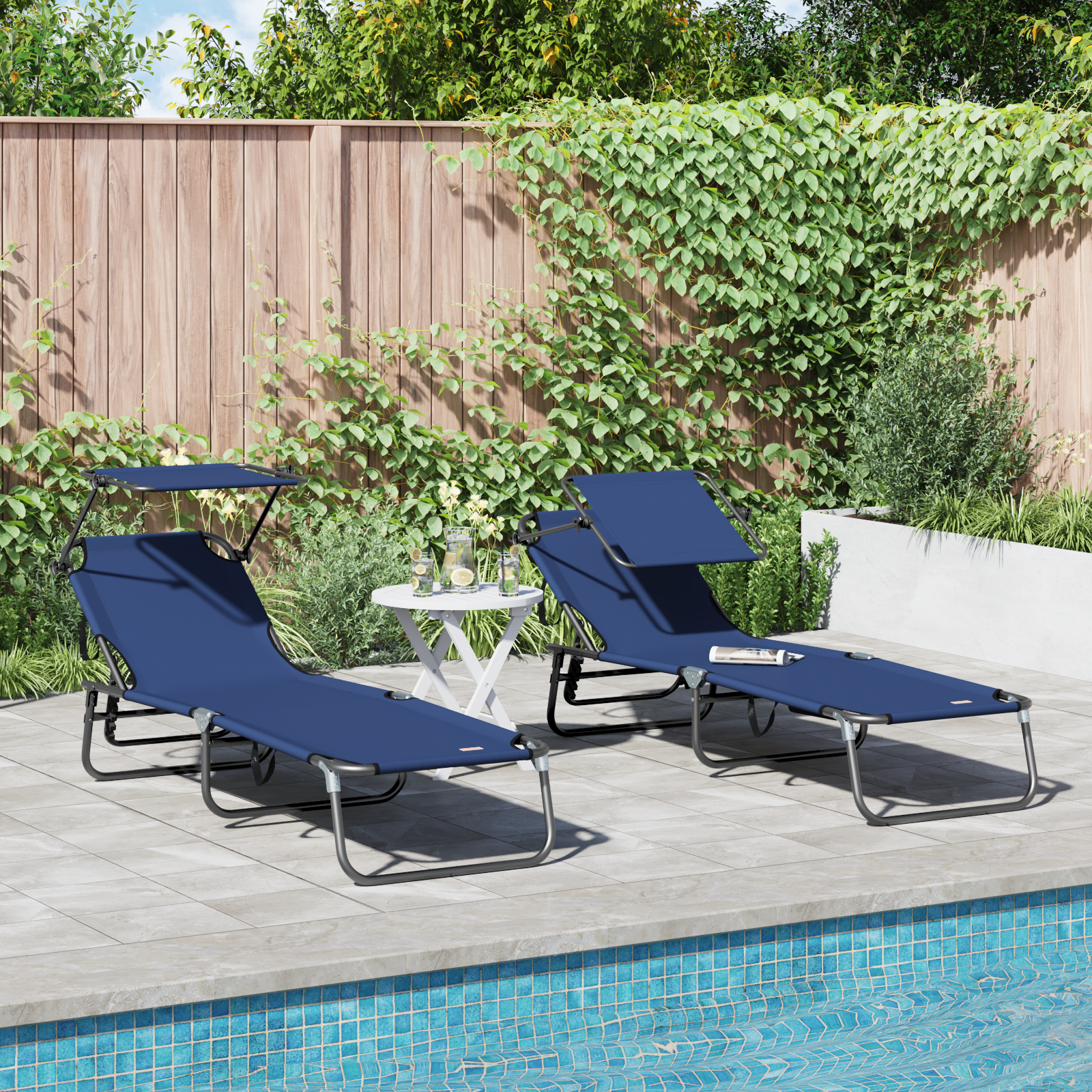 Folding Sun Loungers 2 pcs with Canopy Blue 600D Oxford Fabric