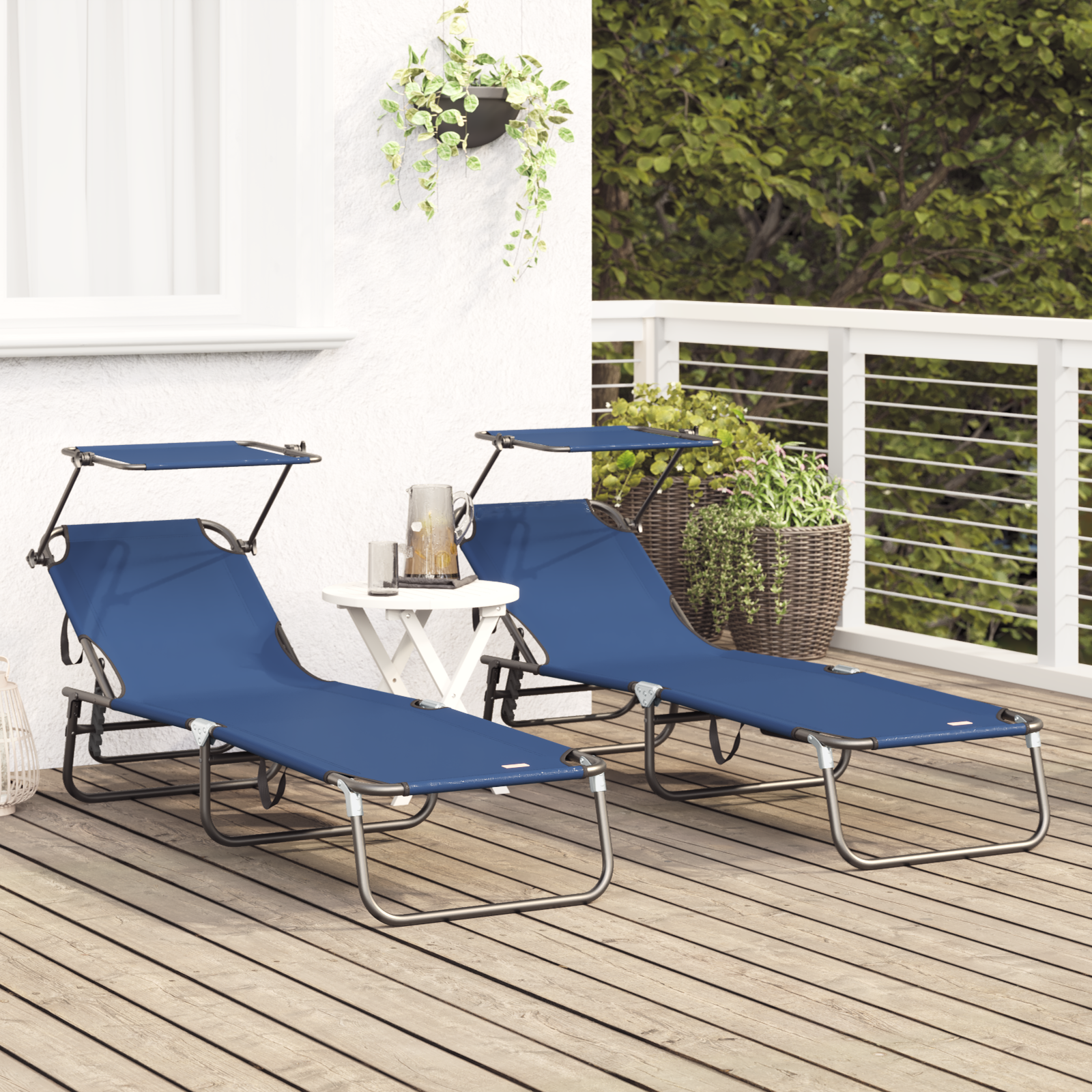 Folding Sun Loungers 2 pcs with Canopy Blue 600D Oxford Fabric - Image 3