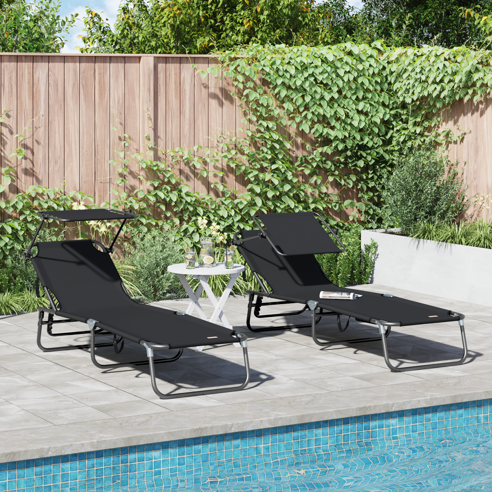 Folding Sun Loungers 2 pcs with Canopy Black 600D Oxford Fabric