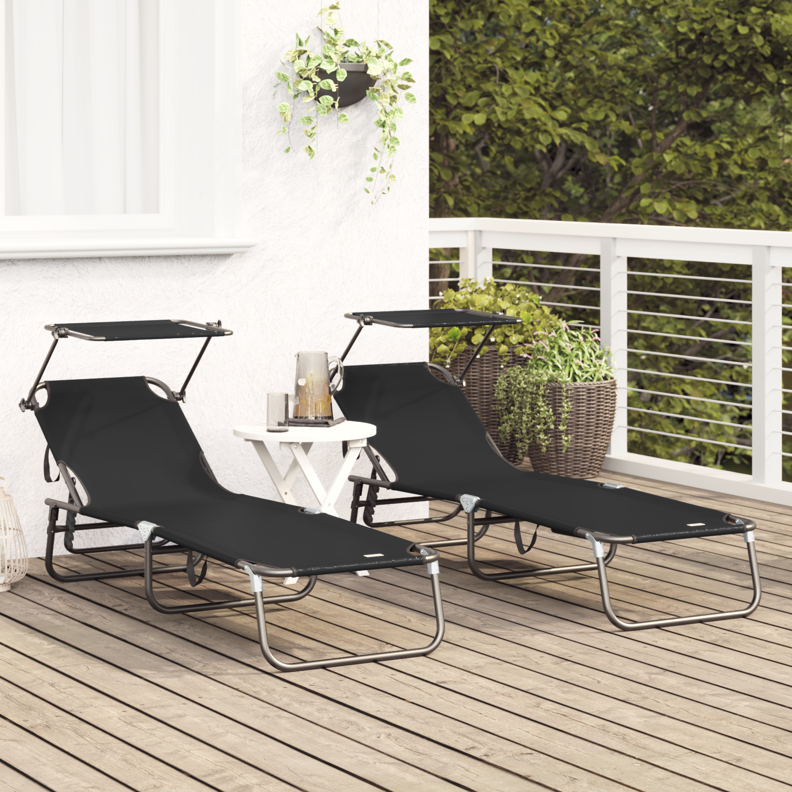 Folding Sun Loungers 2 pcs with Canopy Black 600D Oxford Fabric - Image 3