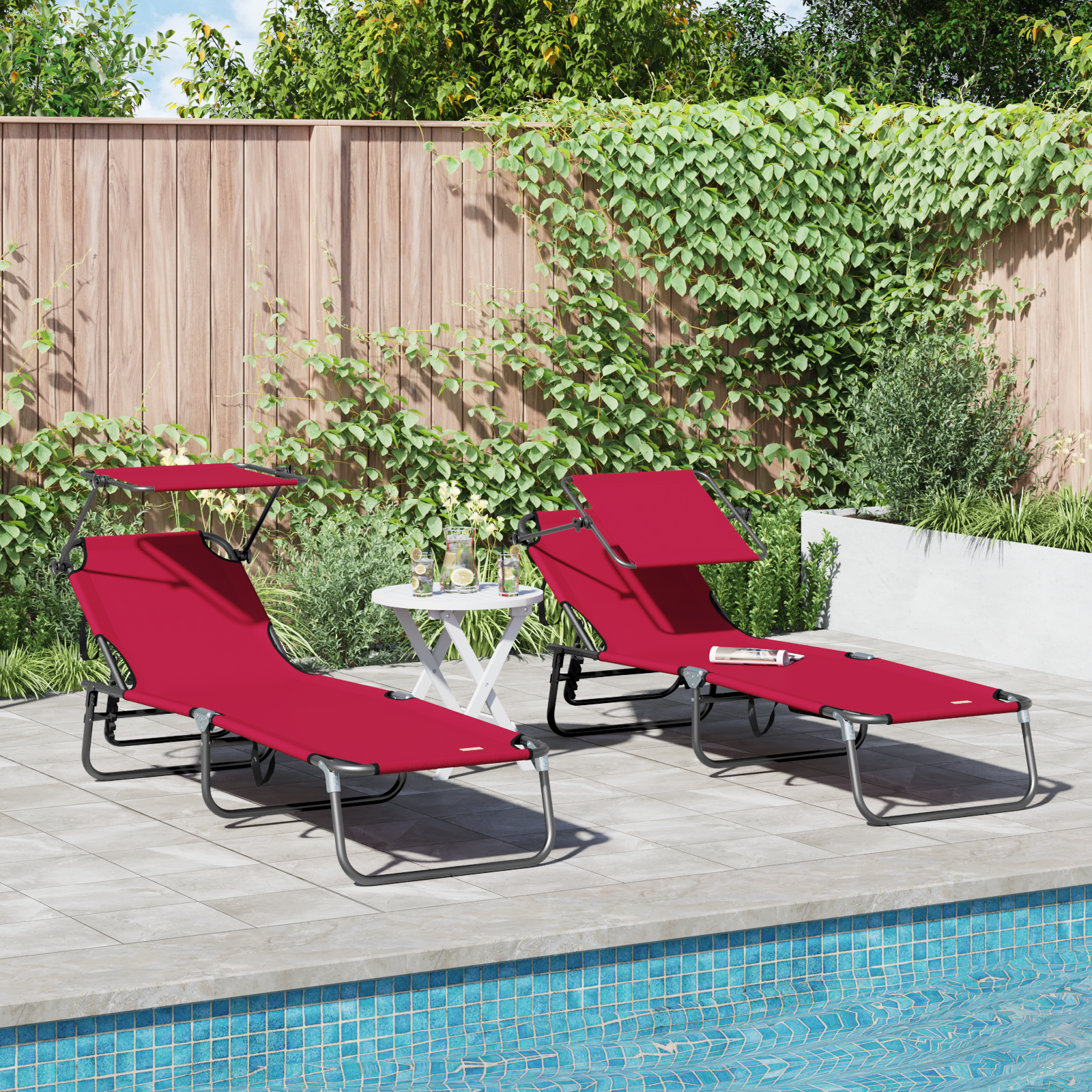 Folding Sun Loungers 2 pcs with Canopy Red 600D Oxford Fabric