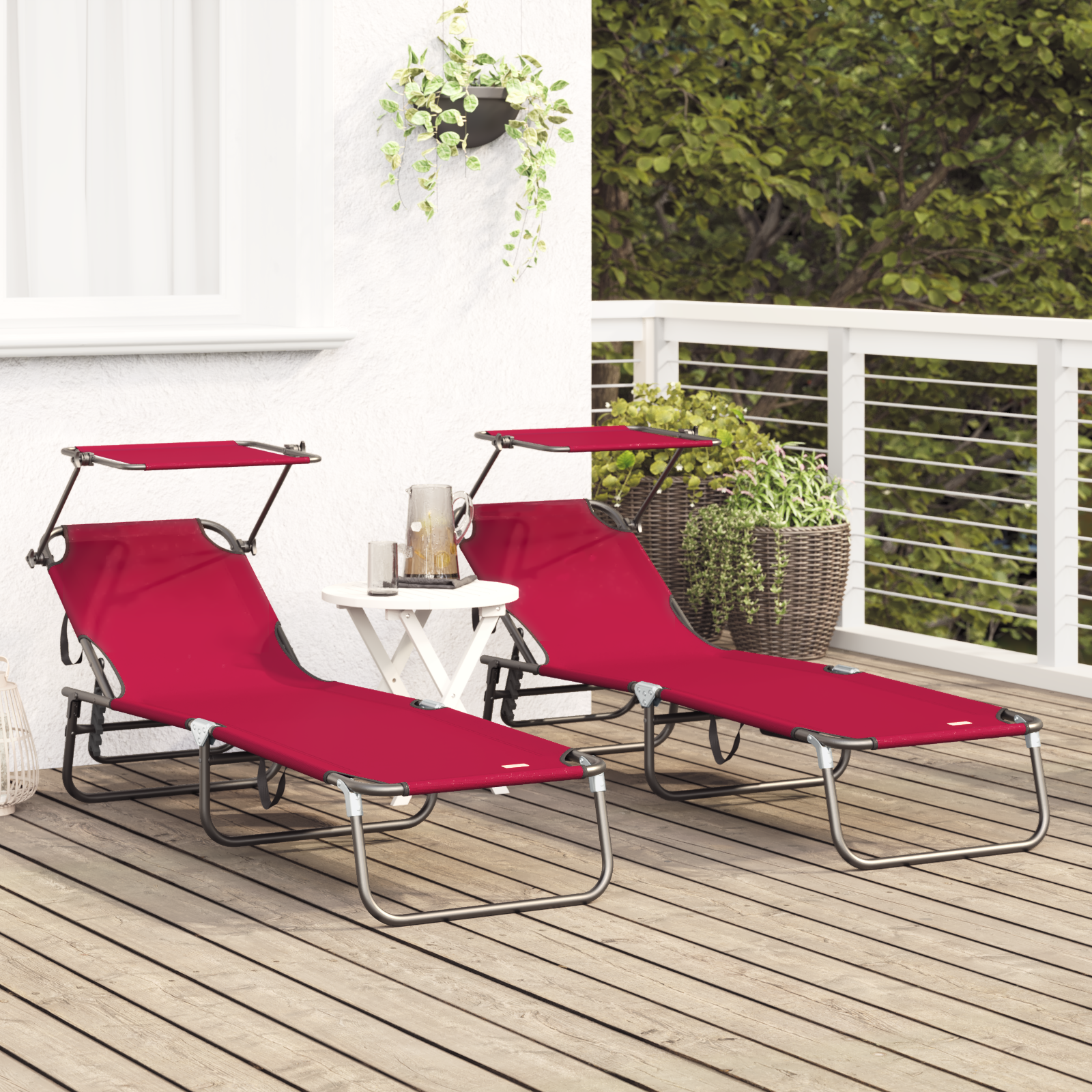 Folding Sun Loungers 2 pcs with Canopy Red 600D Oxford Fabric - Image 3