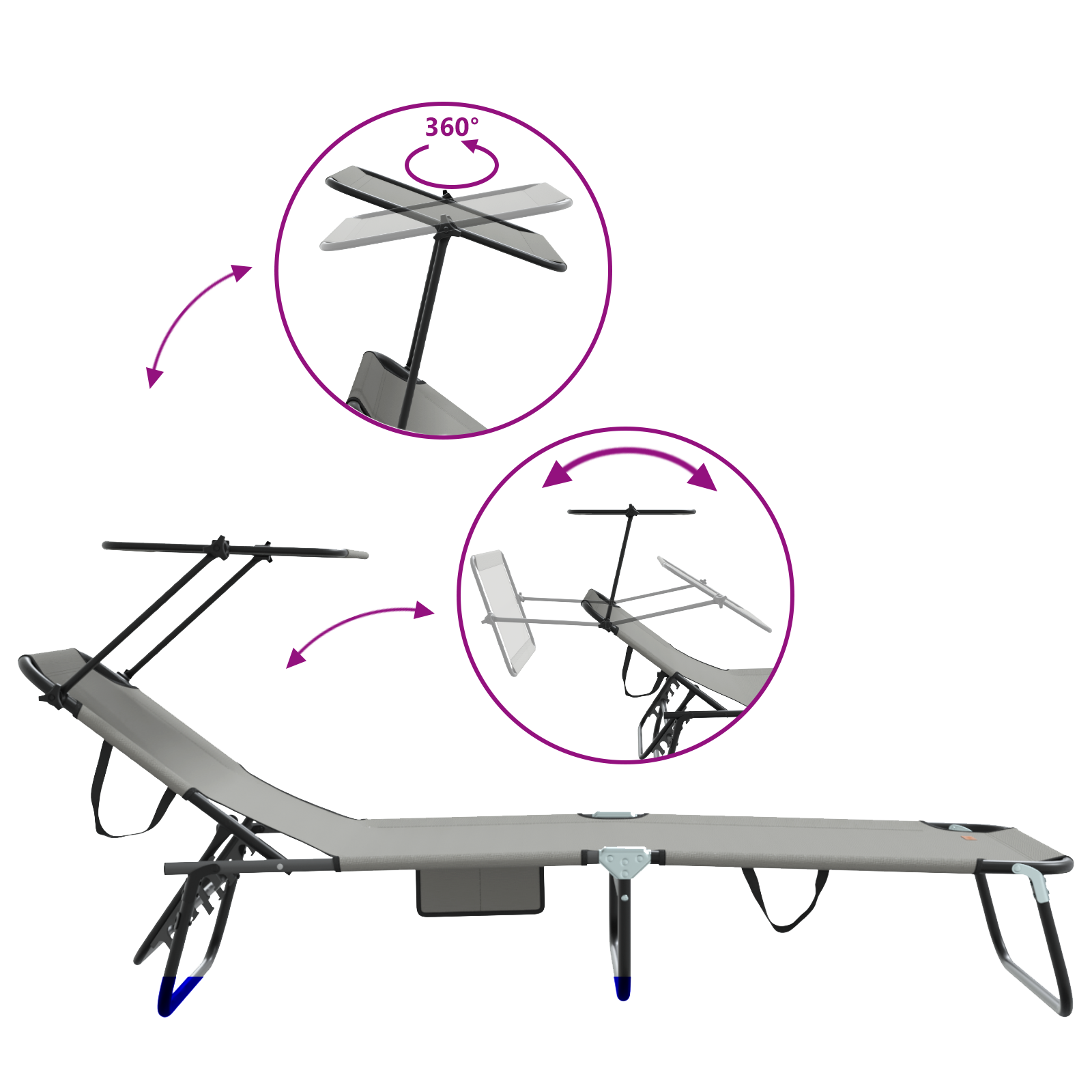 Folding Sun Loungers 2 pcs with Canopy Grey 600D Oxford Fabric - Image 9