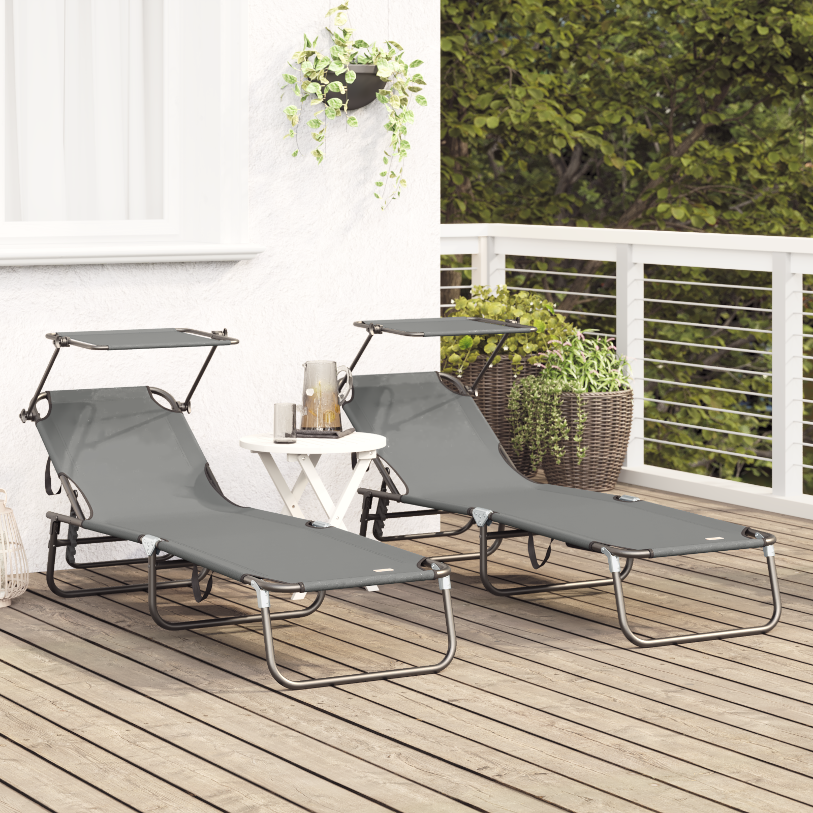 Folding Sun Loungers 2 pcs with Canopy Grey 600D Oxford Fabric - Image 3