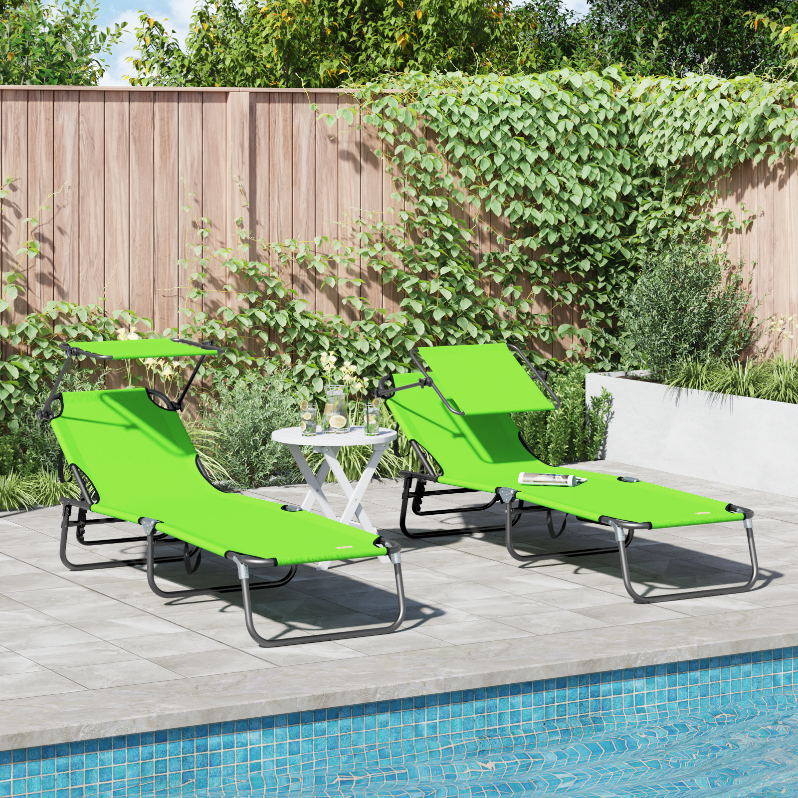 Folding Sun Loungers 2 pcs with Canopy Green 600D Oxford Fabric