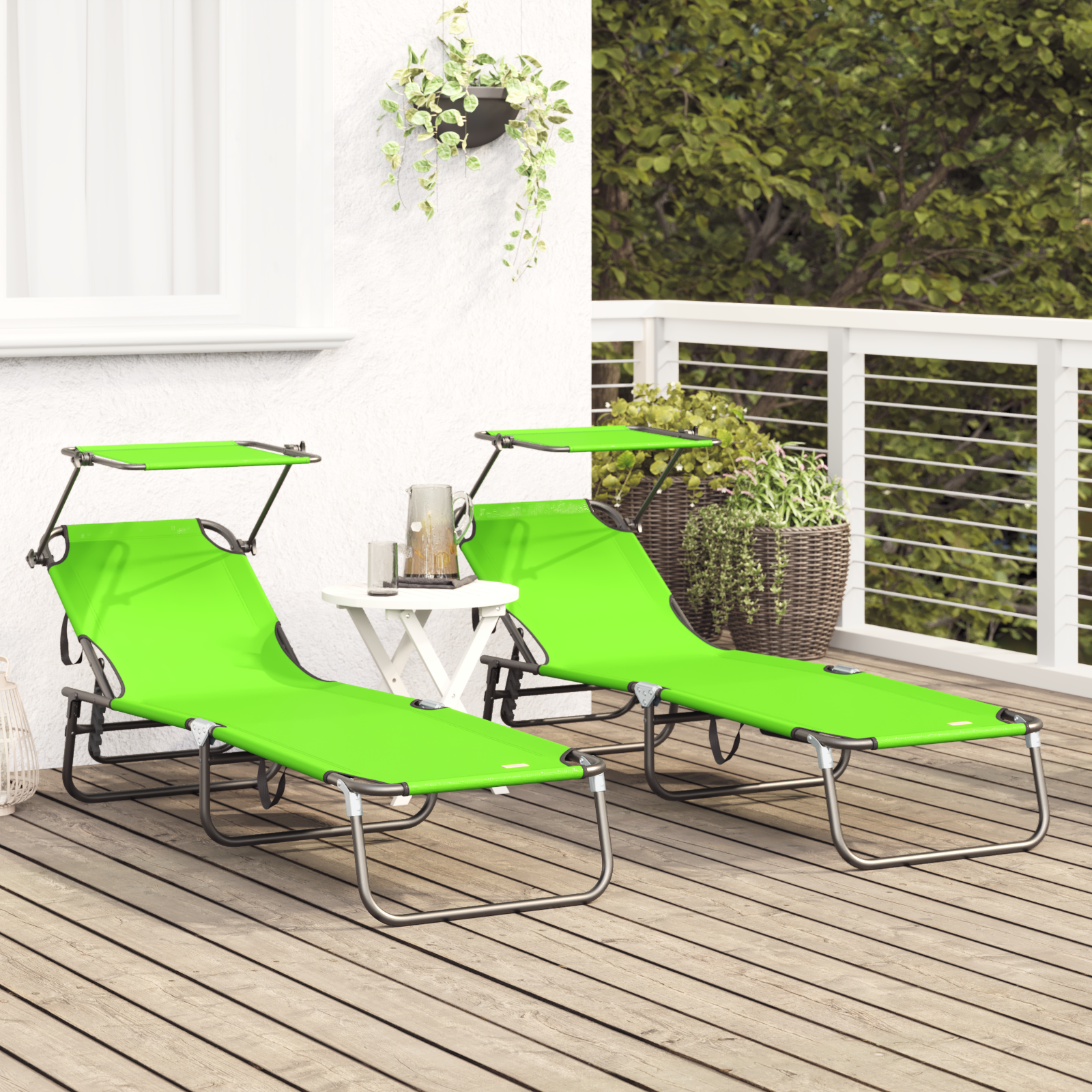 Folding Sun Loungers 2 pcs with Canopy Green 600D Oxford Fabric - Image 3