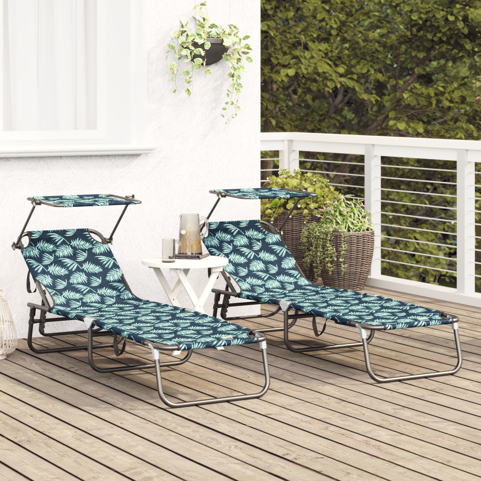 Folding Sun Loungers 2 pcs with Canopy Leave Print 600D Oxford Fabric - Image 3