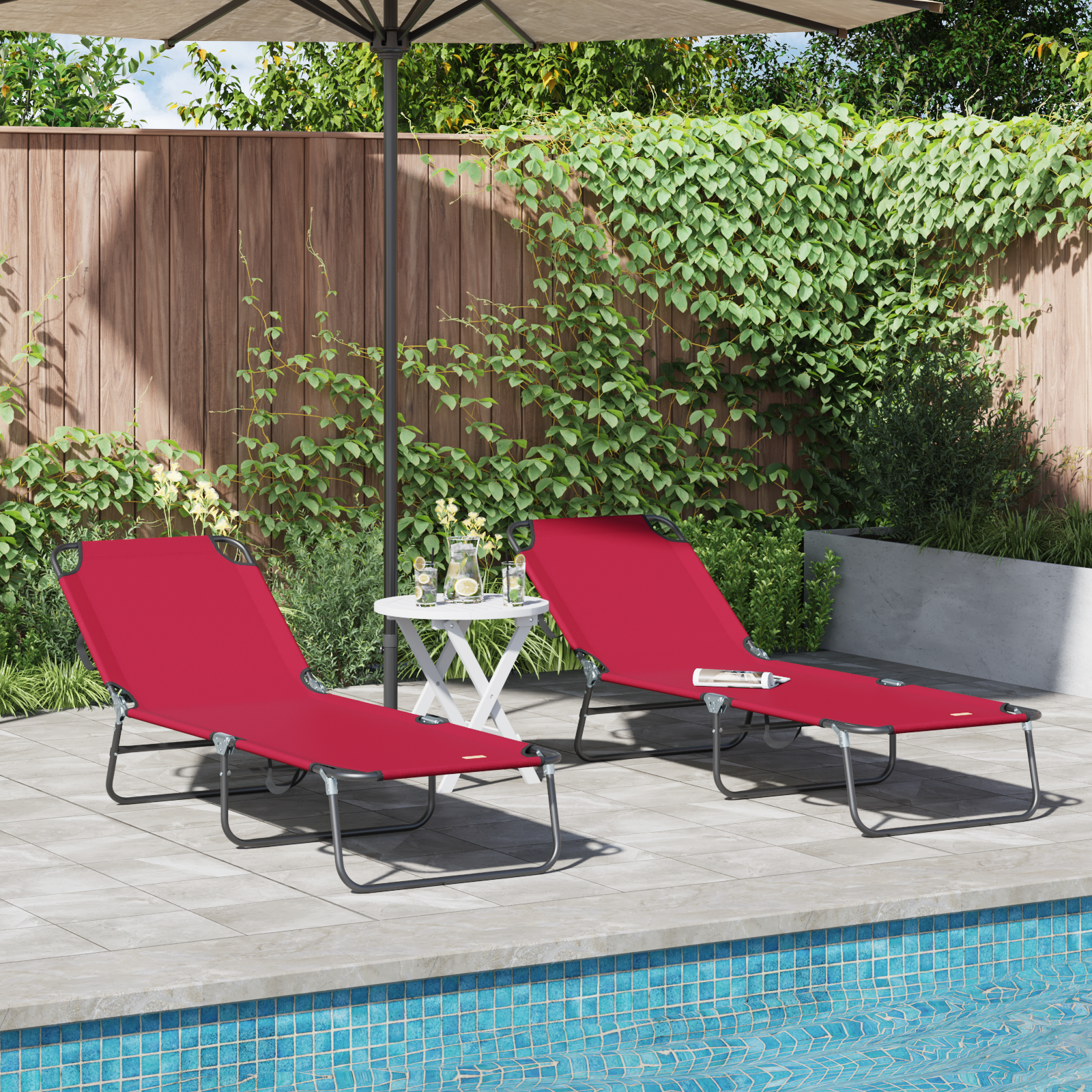 Folding Sun Lounger 2 pcs Portable Red 600D Oxford Fabric