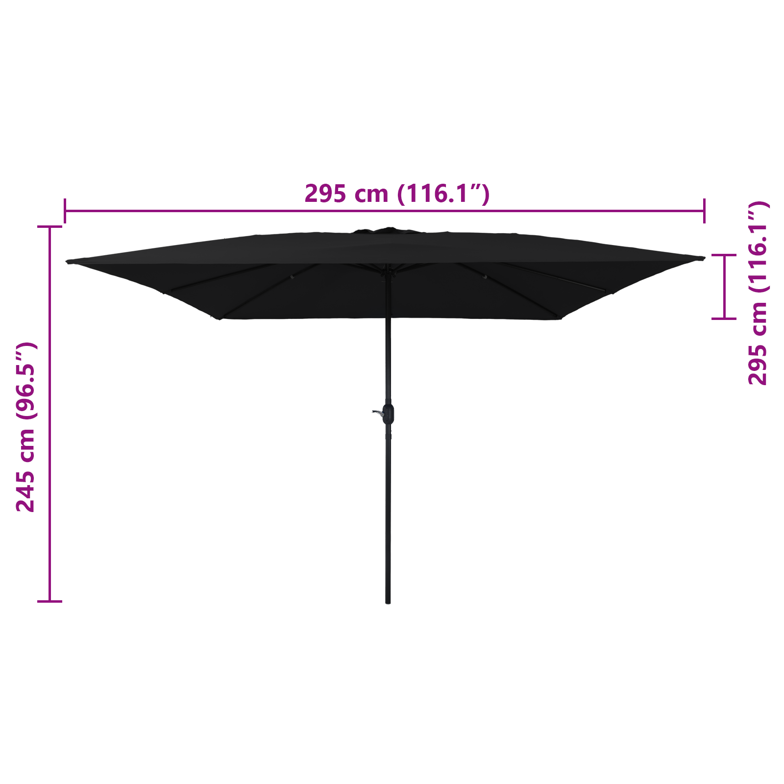 Square Garden Parasol 295x245 cm Black - Image 7