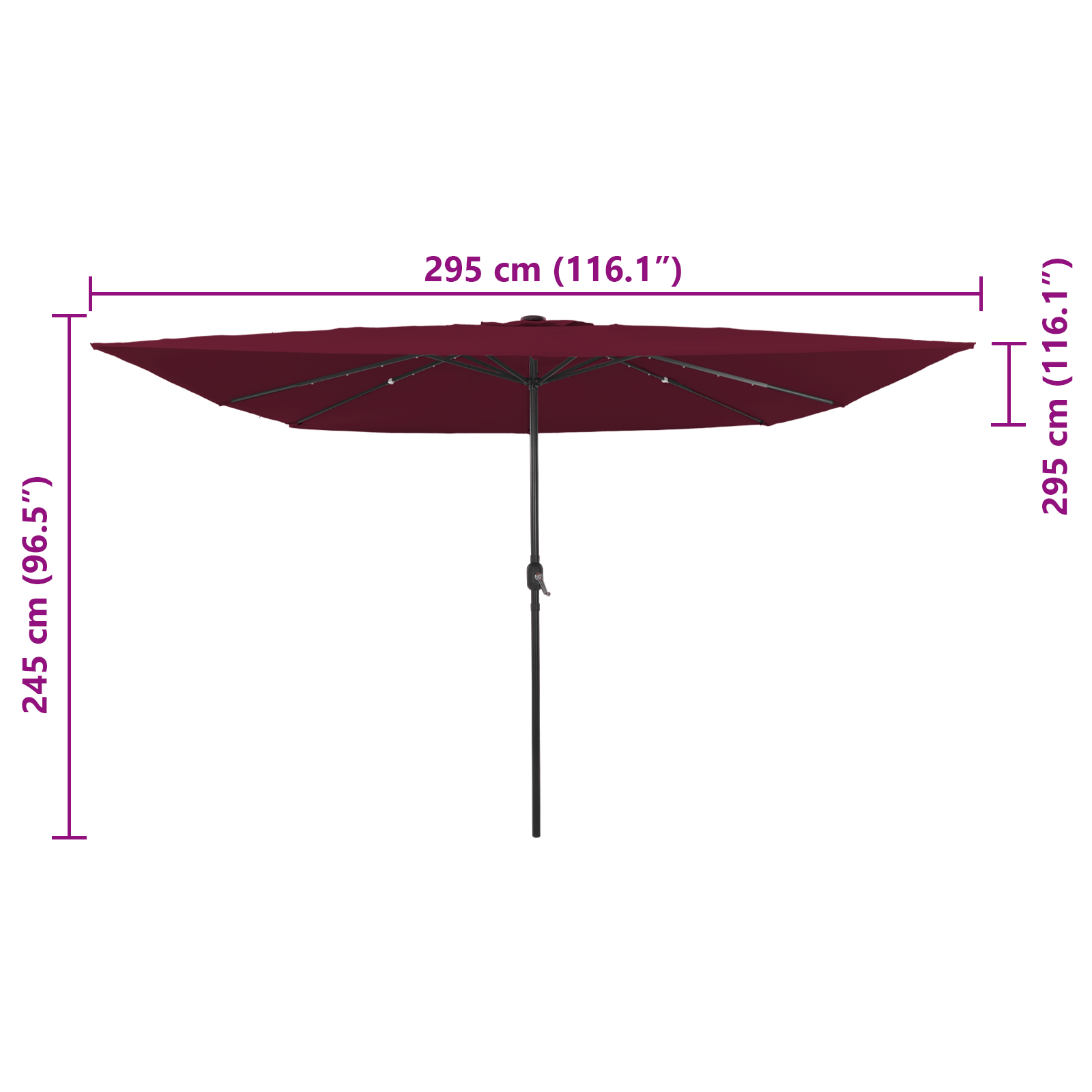 Square Garden Parasol with LED Lights 295x245 cm Bordeaux Red - Image 8