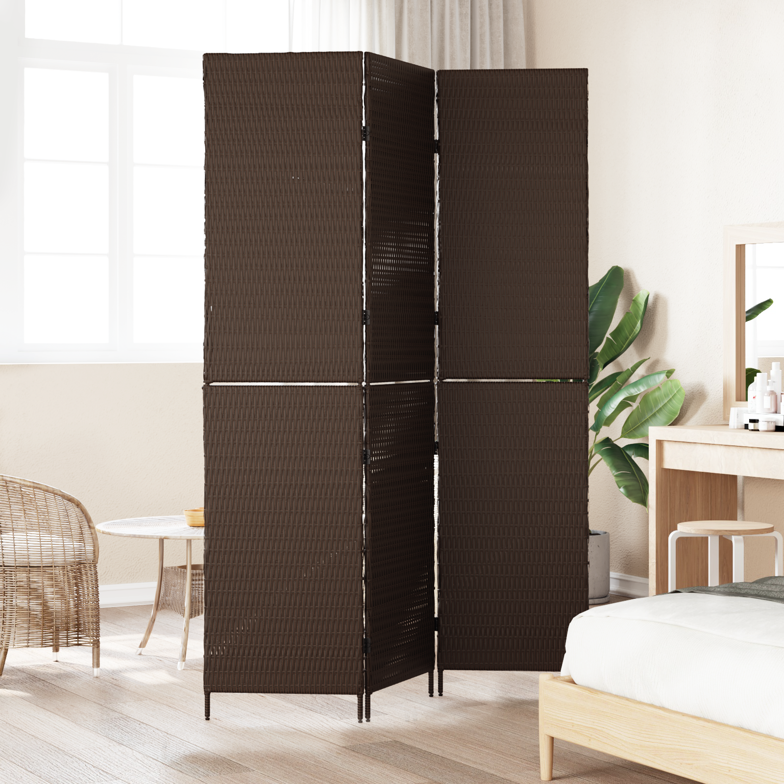 Room Divider 3 Panels Foldable Brown 146x180 cm Poly Rattan - Image 3