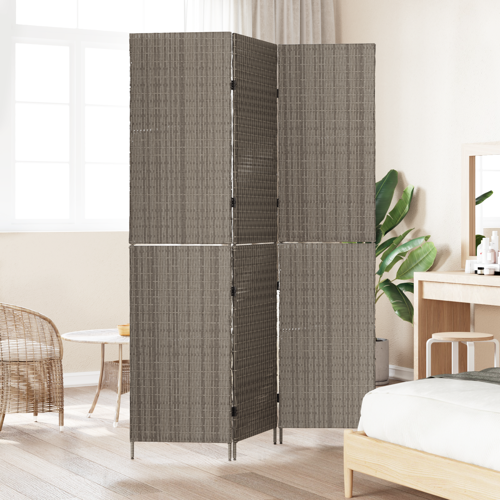 Room Divider 3 Panels Foldable Grey 147x180 cm Poly Rattan - Image 3