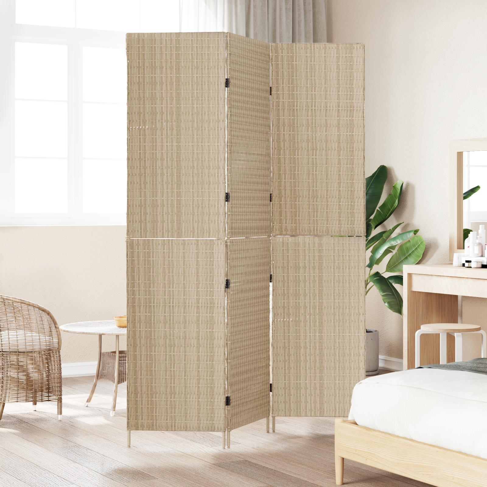 Room Divider 3 Panels Foldable Beige 147x180 cm Poly Rattan - Image 3