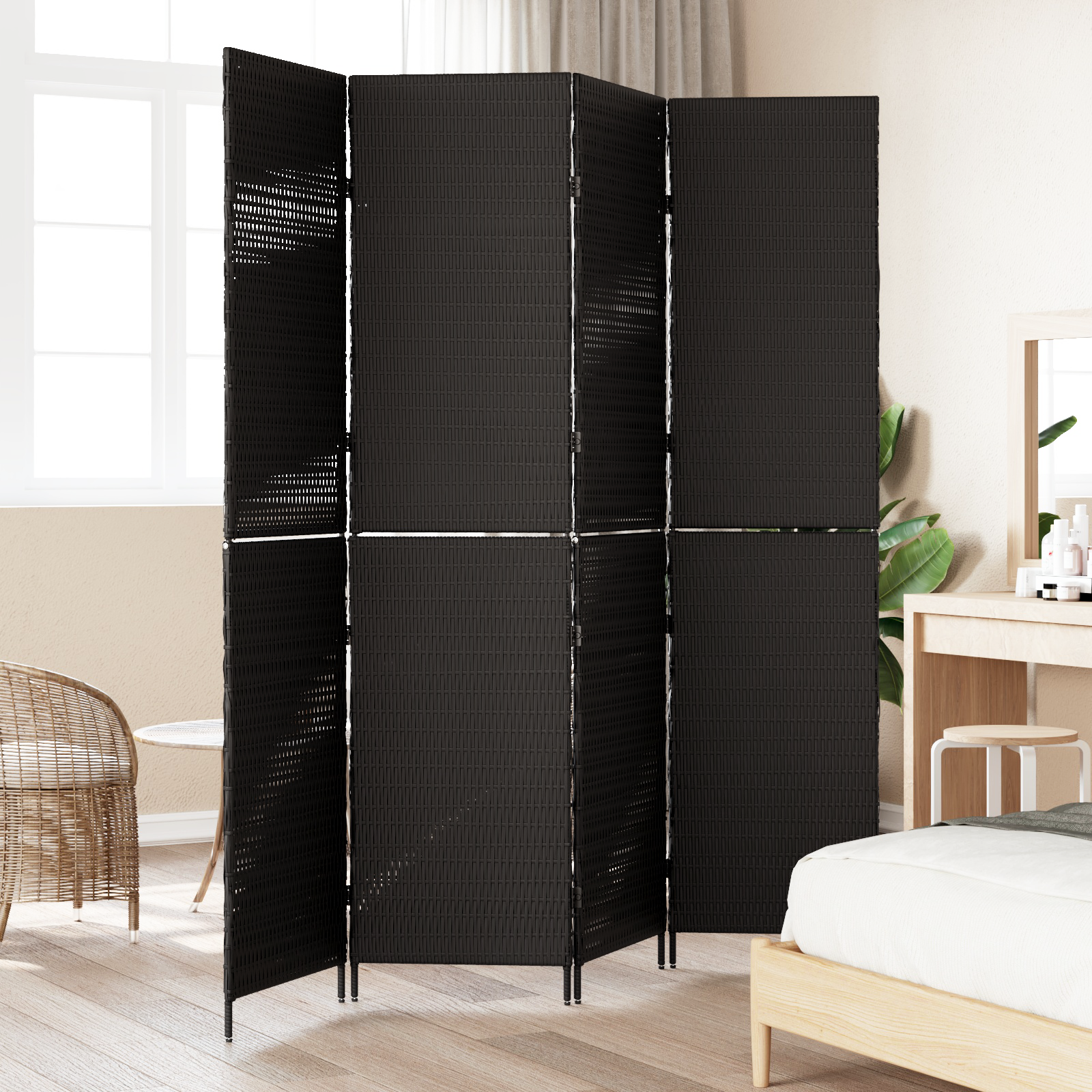 Room Divider 4 Panels Foldable Black 195x180 cm Poly Rattan - Image 3