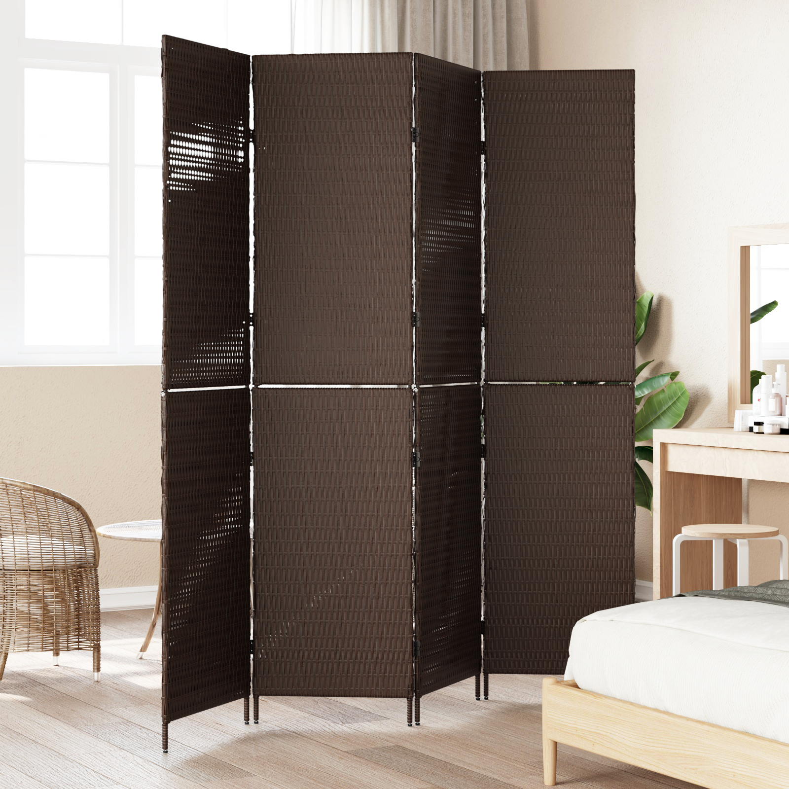Room Divider 4 Panels Foldable Brown 195x180 cm Poly Rattan - Image 3