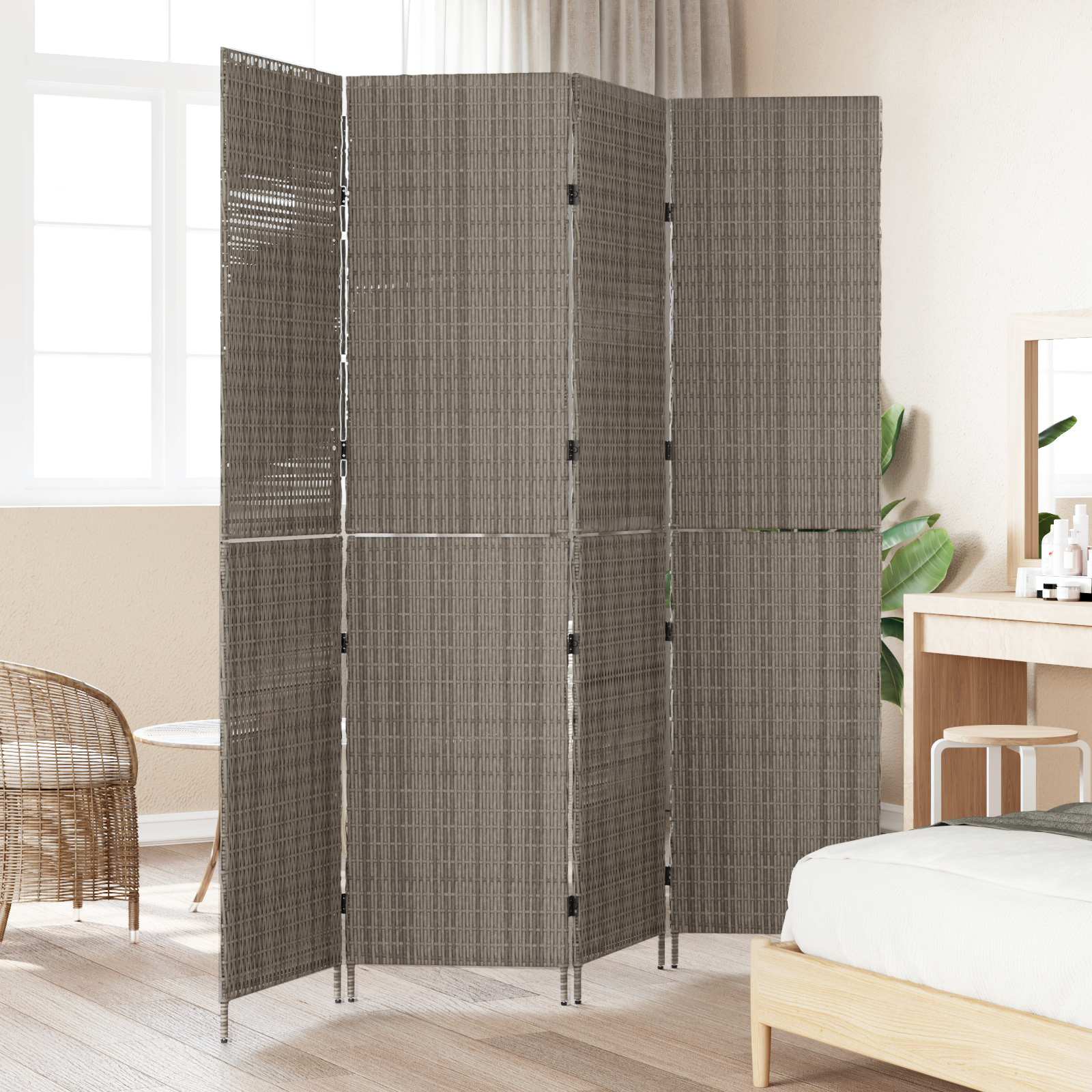 Room Divider 4 Panels Foldable Grey 195x180 cm Poly Rattan - Image 4