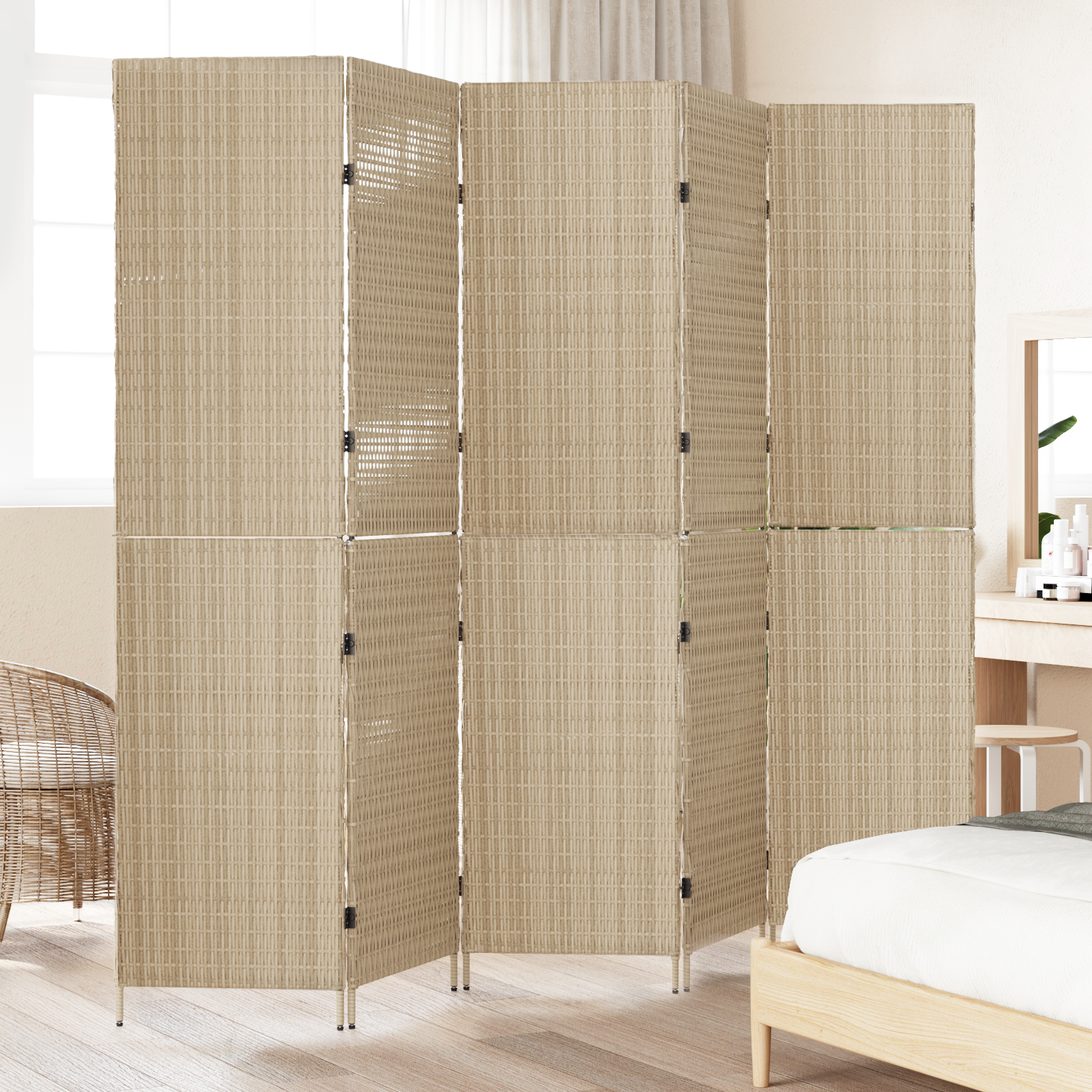 Room Divider 5 Panels Foldable Beige 245x180 cm Poly Rattan - Image 3