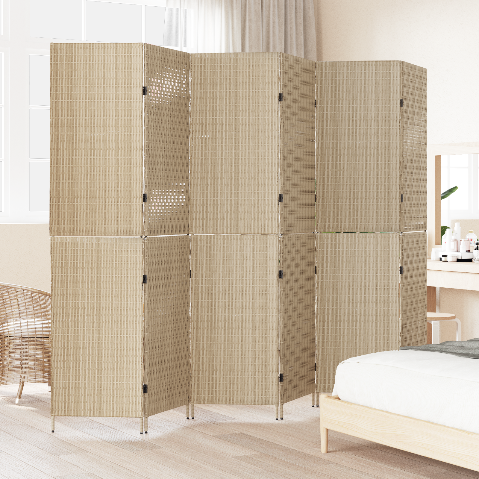 Room Divider 6 Panels Foldable Beige 294x180 cm Poly Rattan - Image 3