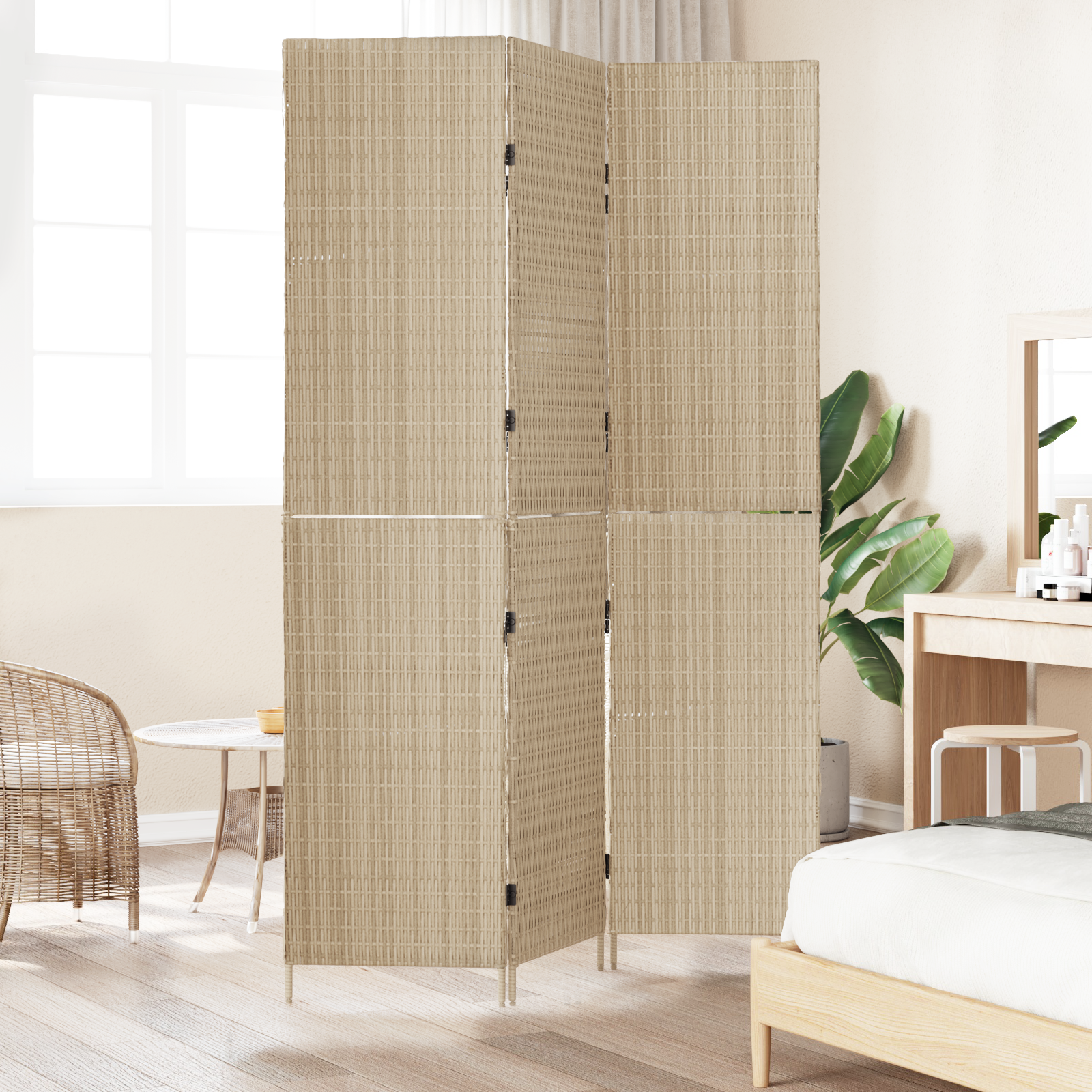 Room Divider 3 Panels Foldable Beige 146x200 cm Poly Rattan - Image 3