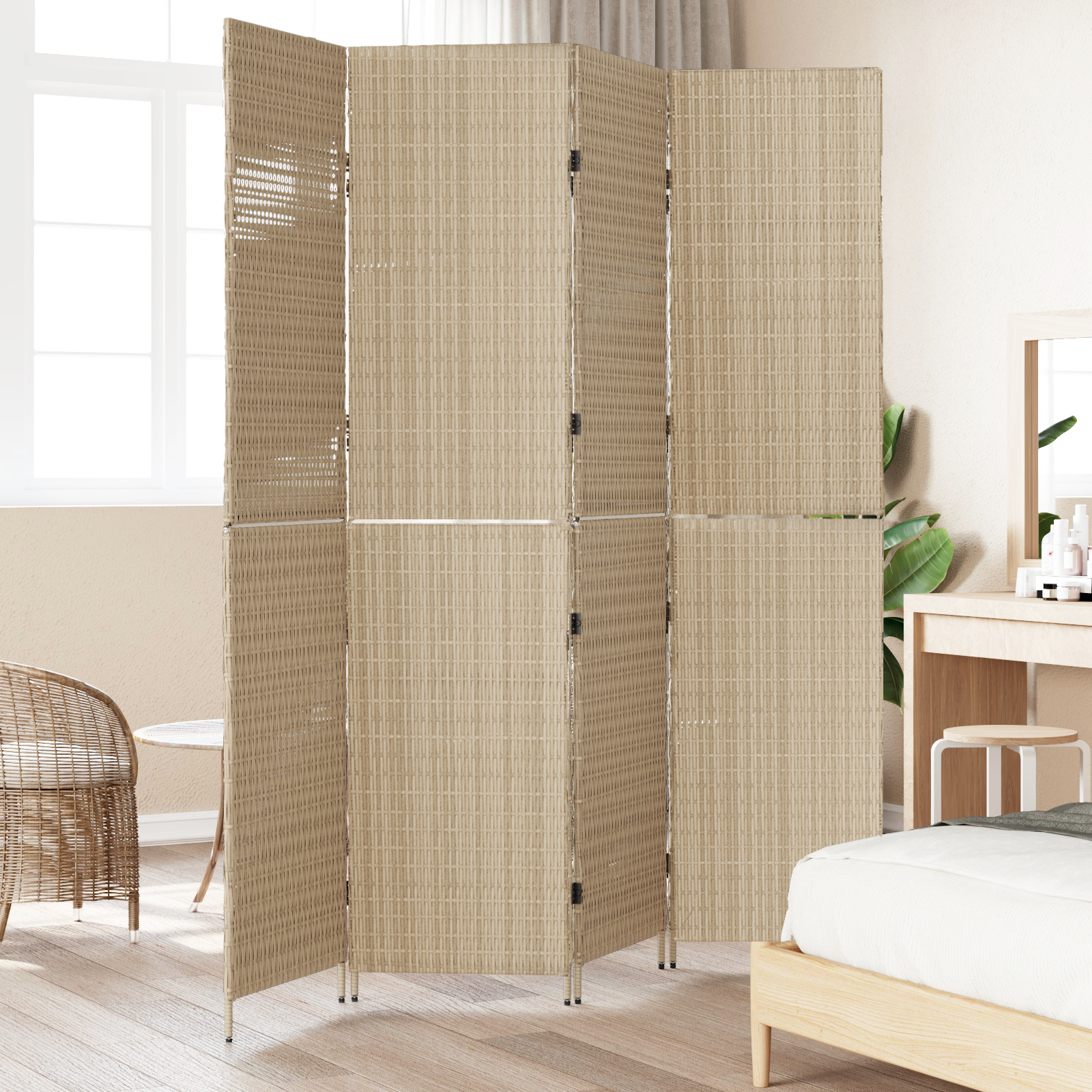Room Divider 4 Panels Foldable Beige 196x200 cm Poly Rattan - Image 3