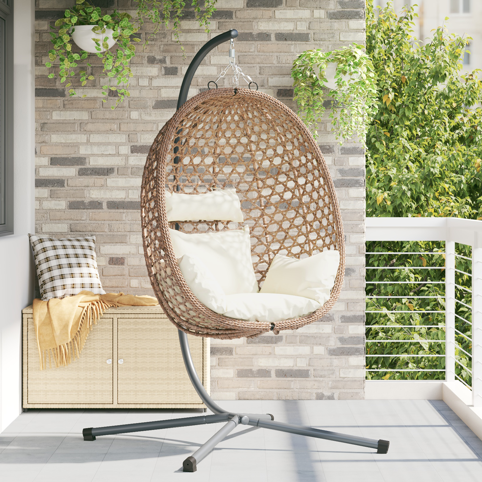Hangende Ei Stoel Mand met Stand Koffie Poly Rattan
